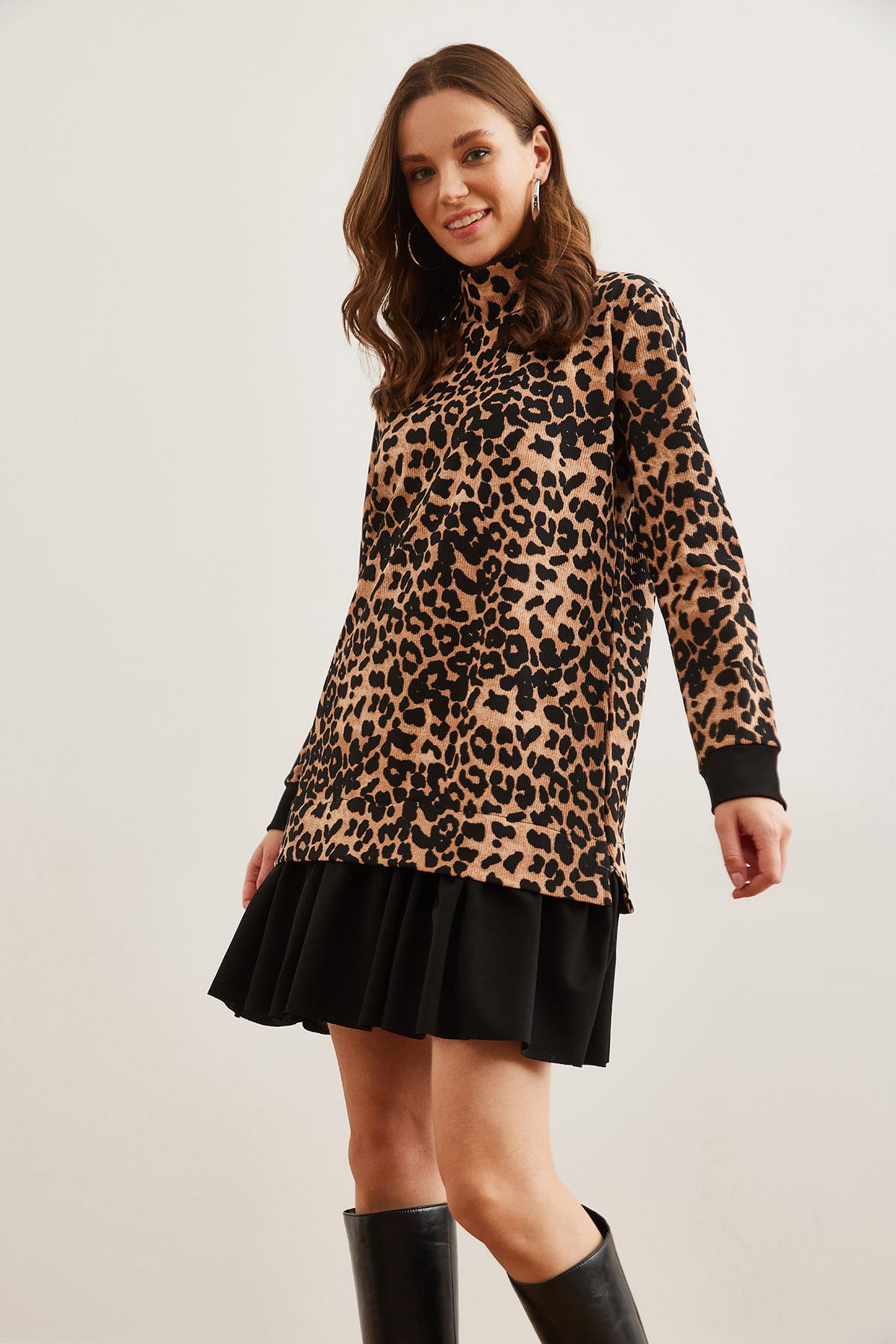Garnili Selanik Elbise Leopar Siyah