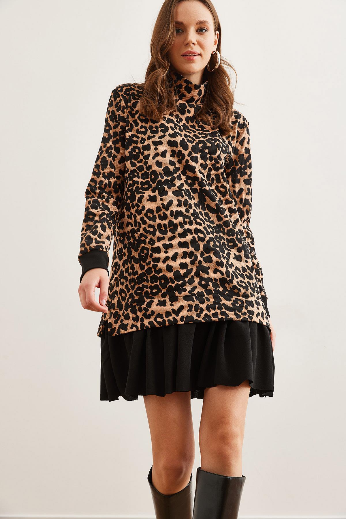 Garnili Selanik Elbise Leopar Siyah