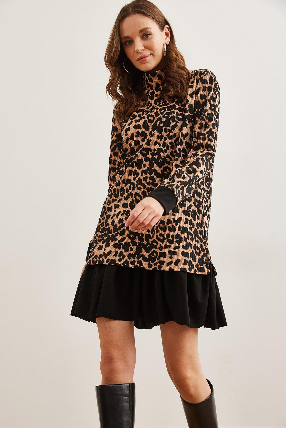 Garnili Selanik Elbise Leopar Siyah