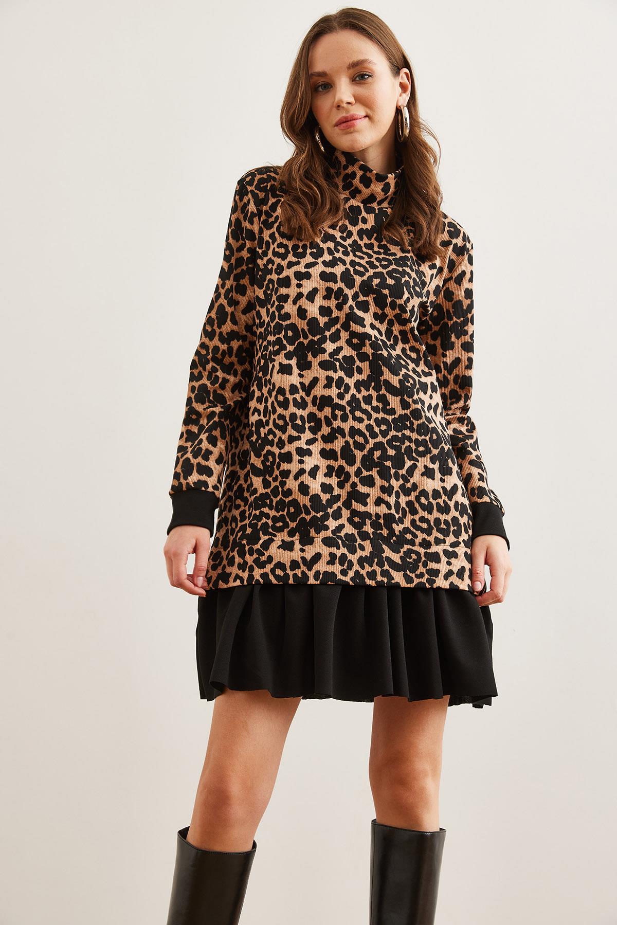 Garnili Selanik Elbise Leopar Siyah