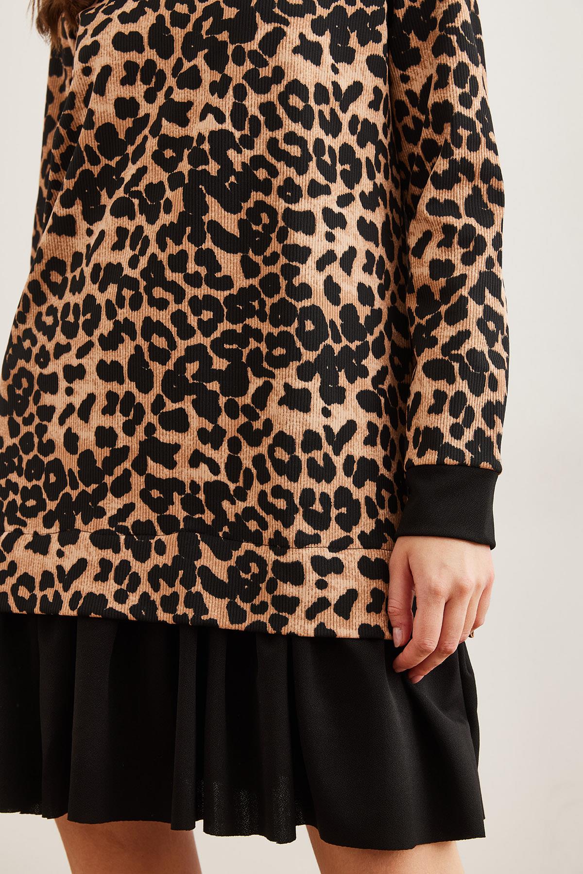 Garnili Selanik Elbise Leopar Siyah