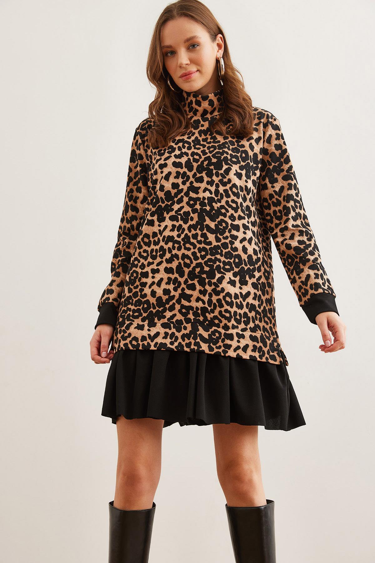 Garnili Selanik Elbise Leopar Siyah