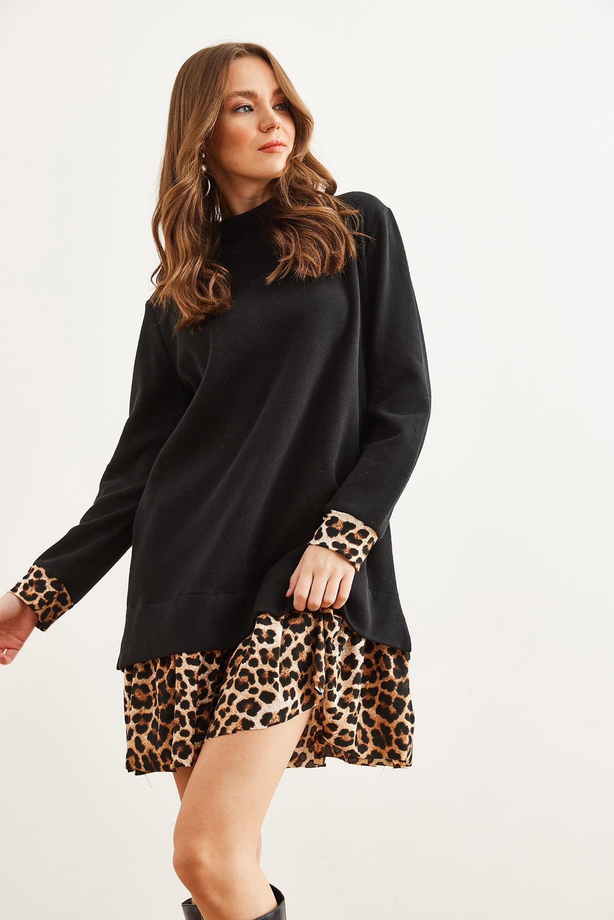 Garnili Selanik Elbise Siyah Leopar