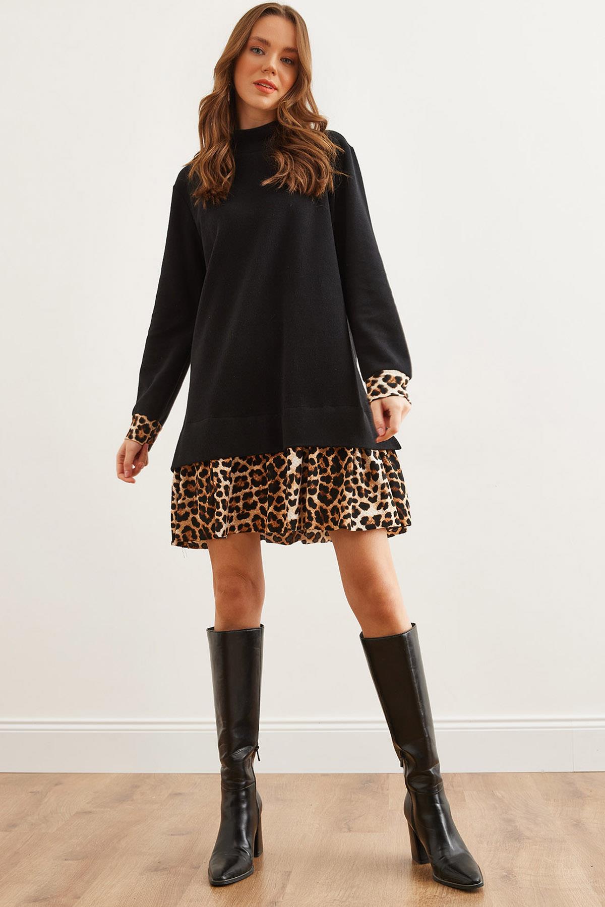 Garnili Selanik Elbise Siyah Leopar