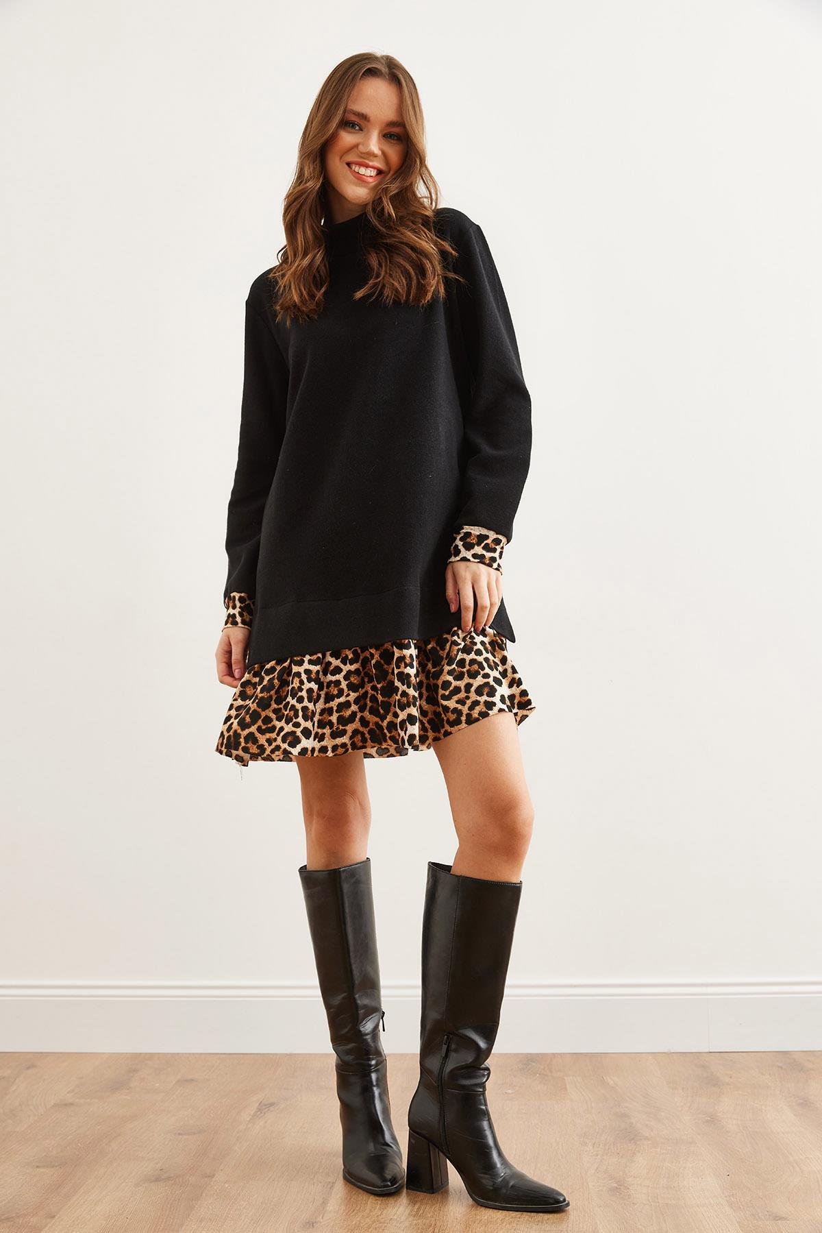 Garnili Selanik Elbise Siyah Leopar