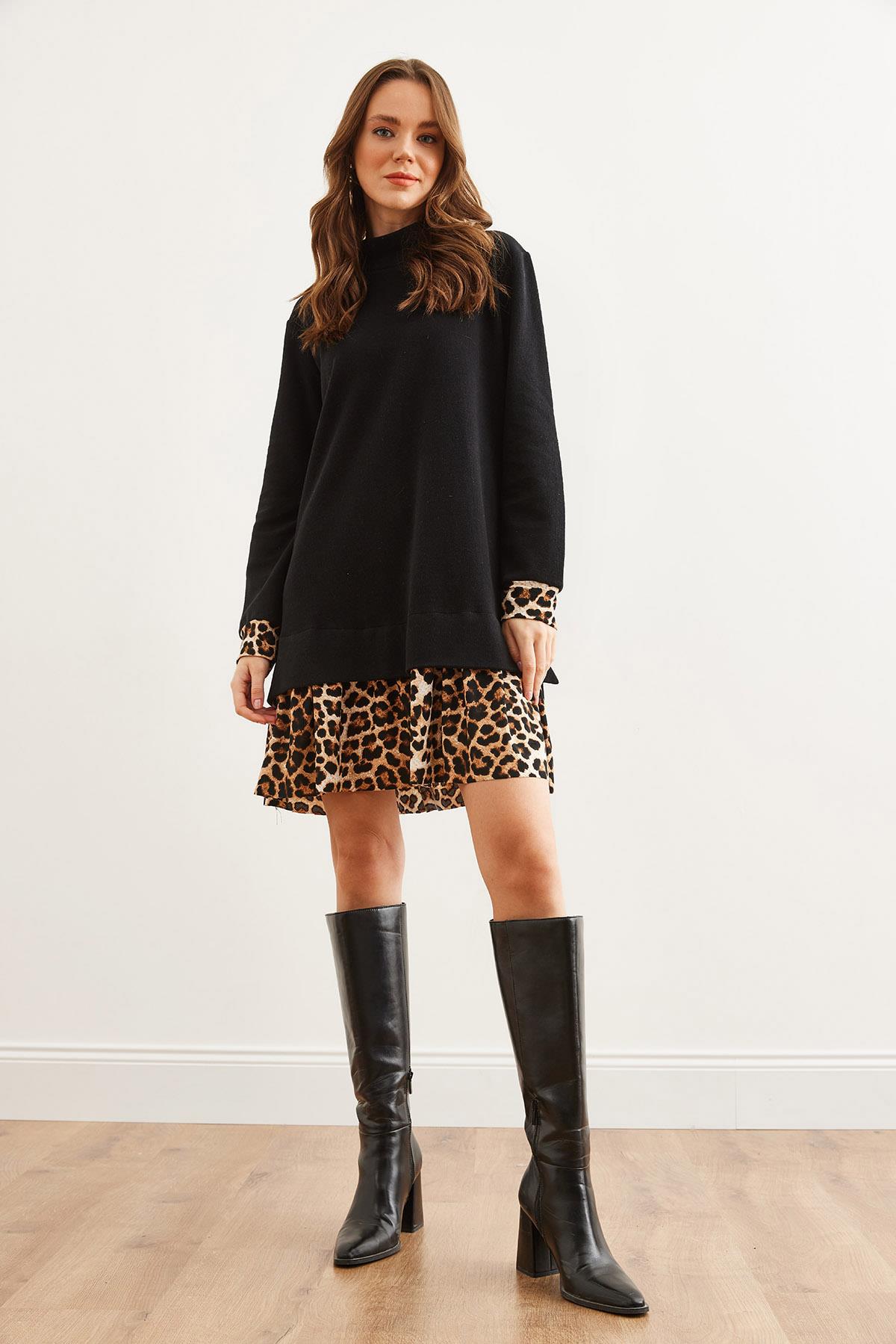 Garnili Selanik Elbise Siyah Leopar