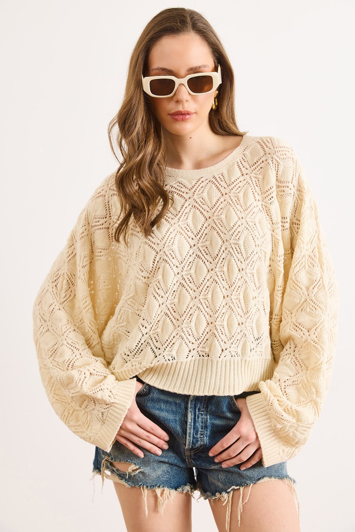 Geometrik Detaylı Loose Fit Mevsimlik Triko Bluz Ekru