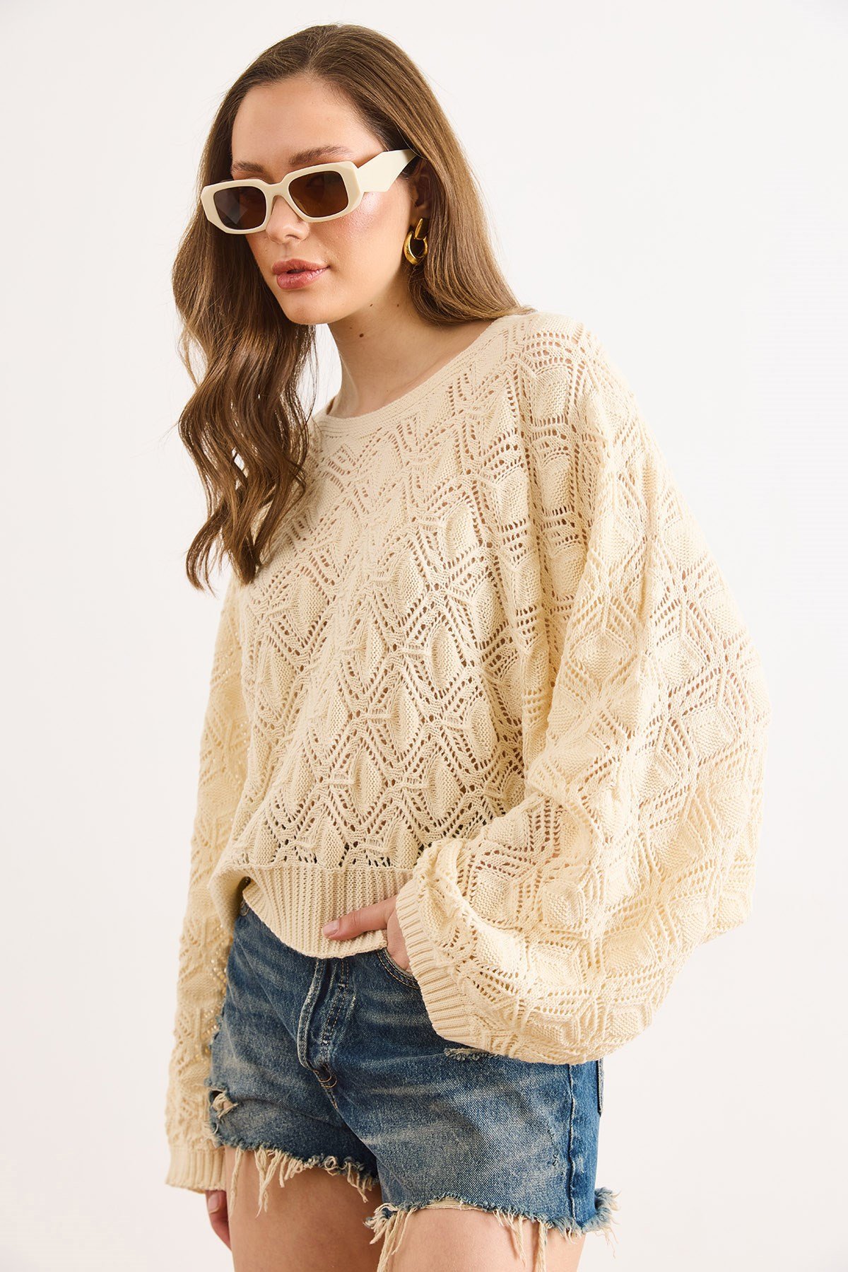 Geometrik Detaylı Loose Fit Mevsimlik Triko Bluz Ekru