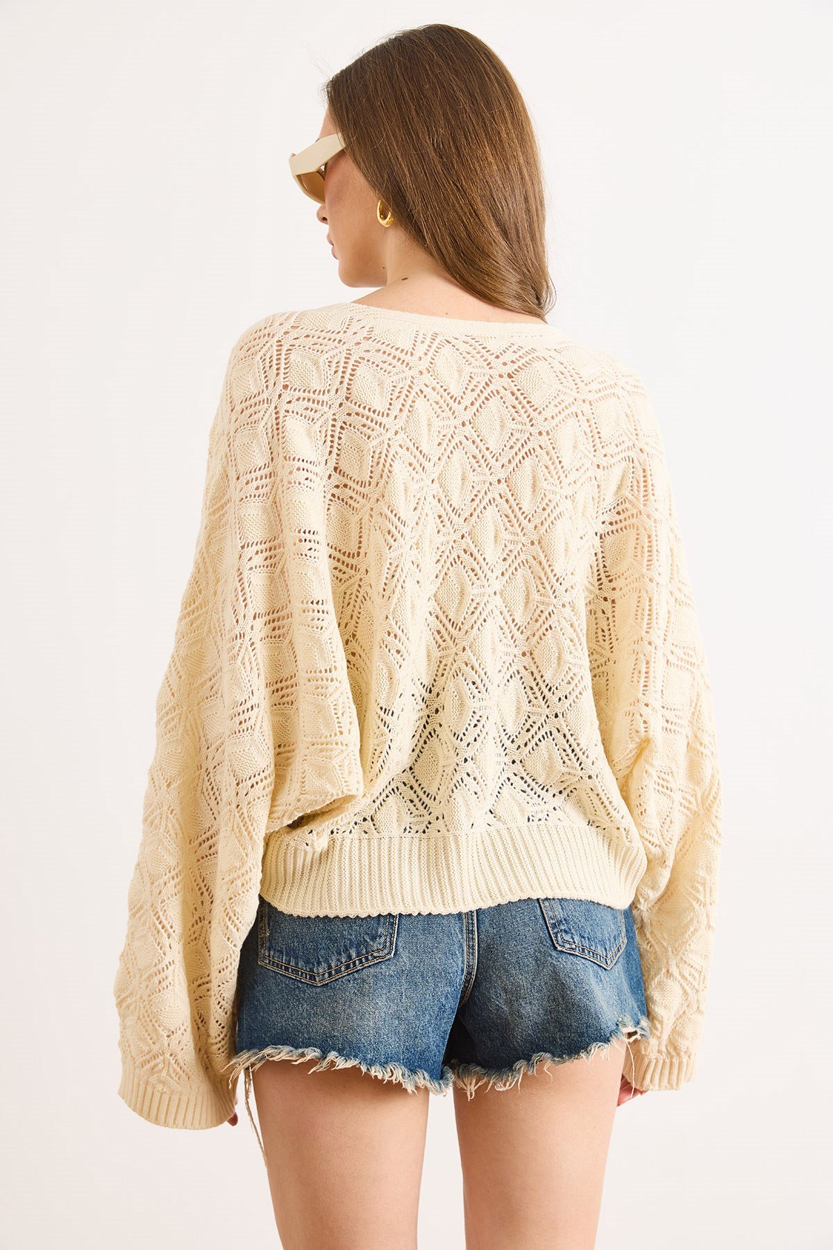 Geometrik Detaylı Loose Fit Mevsimlik Triko Bluz Ekru