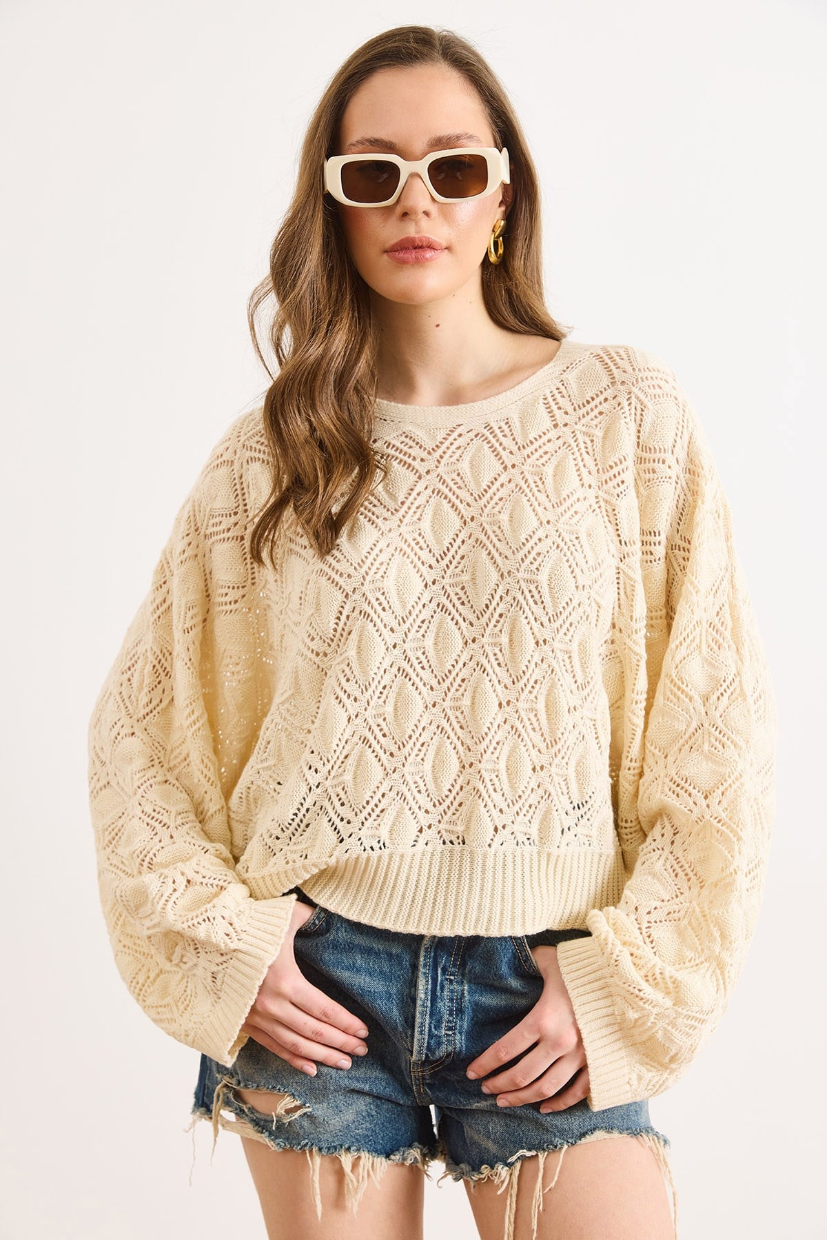 Geometrik Detaylı Loose Fit Mevsimlik Triko Bluz Ekru