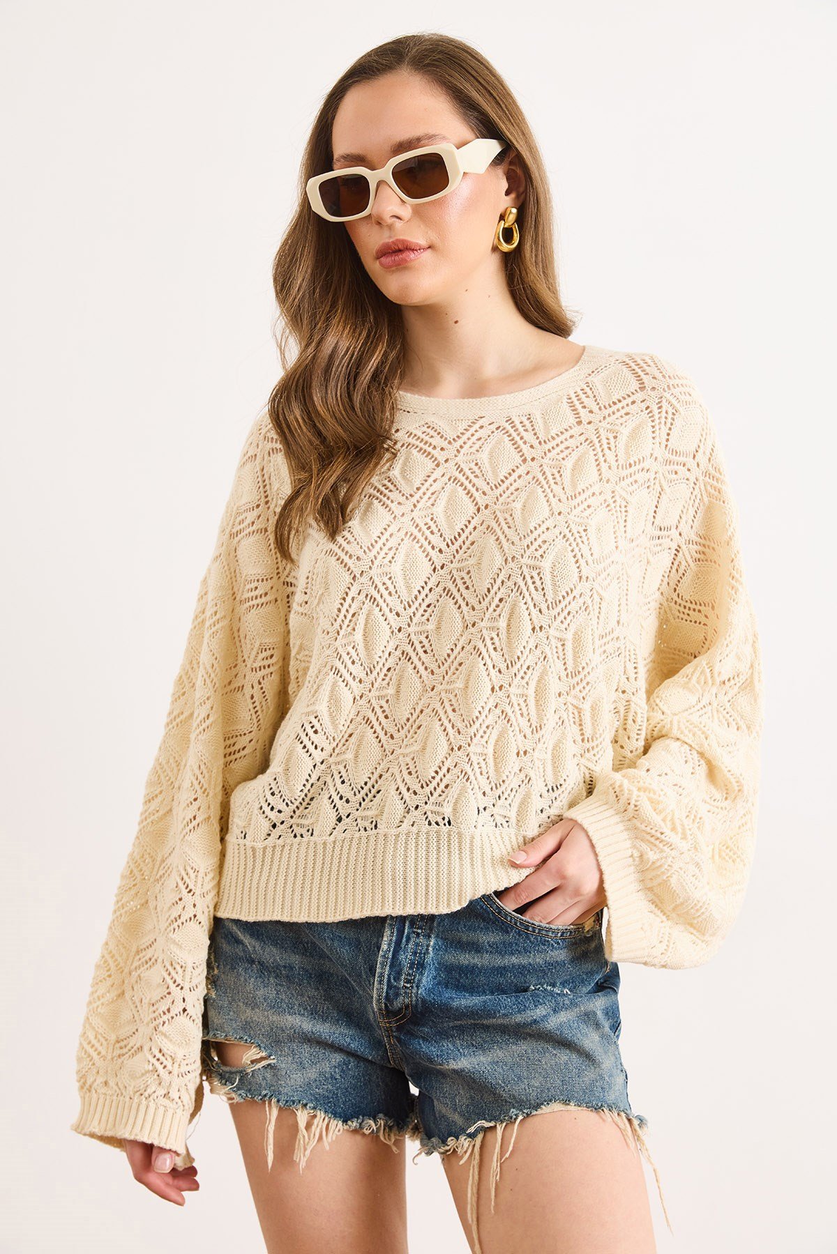 Geometrik Detaylı Loose Fit Mevsimlik Triko Bluz Ekru