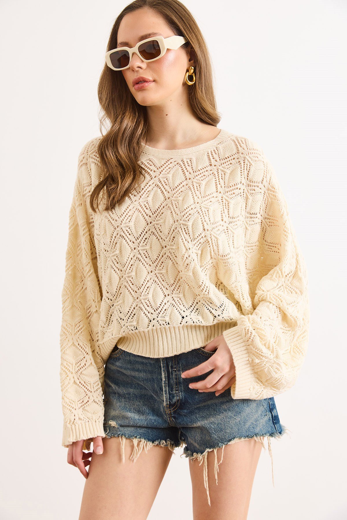 Geometrik Detaylı Loose Fit Mevsimlik Triko Bluz Ekru