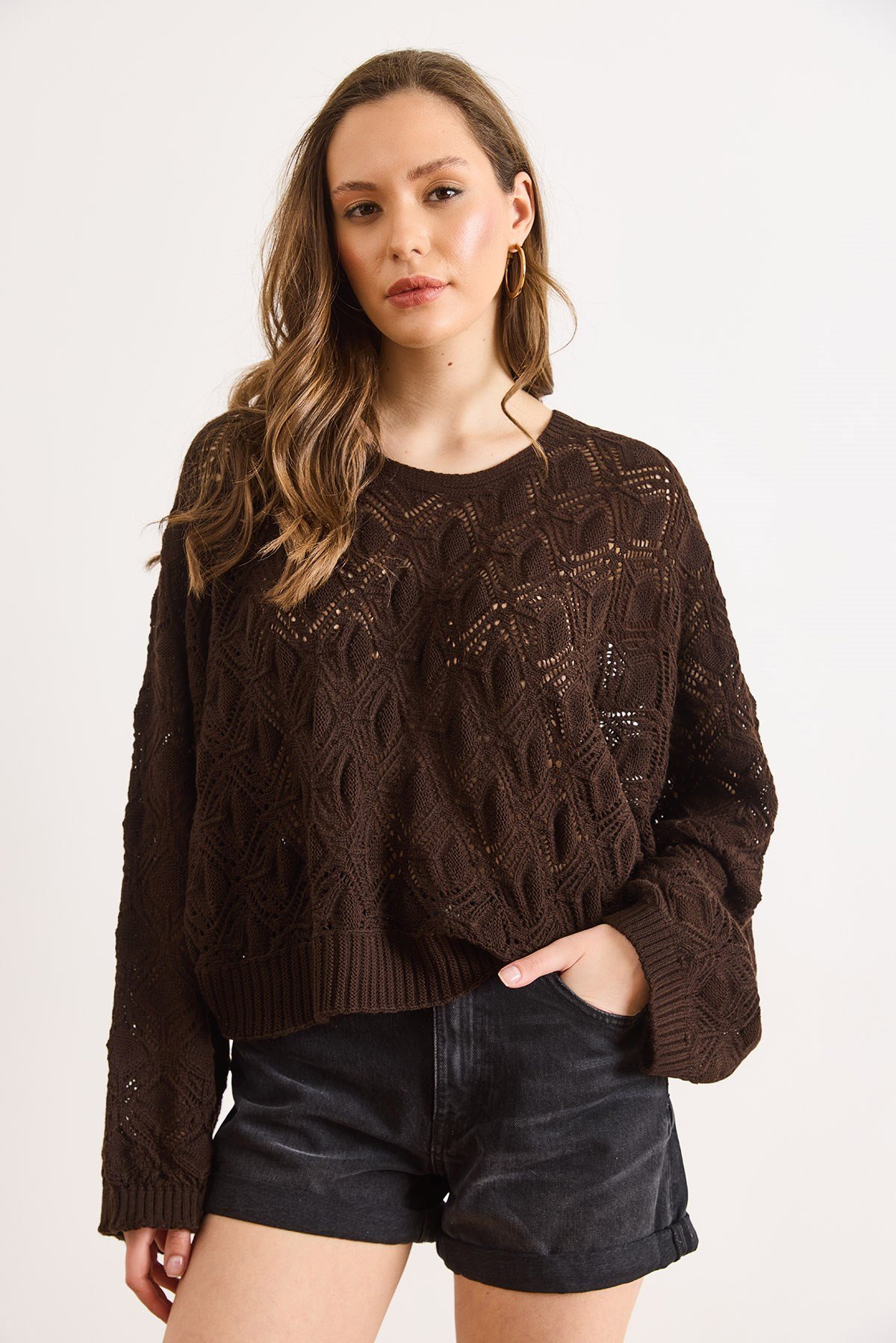 Geometrik Detaylı Loose Fit Mevsimlik Triko Bluz Acı Kahve