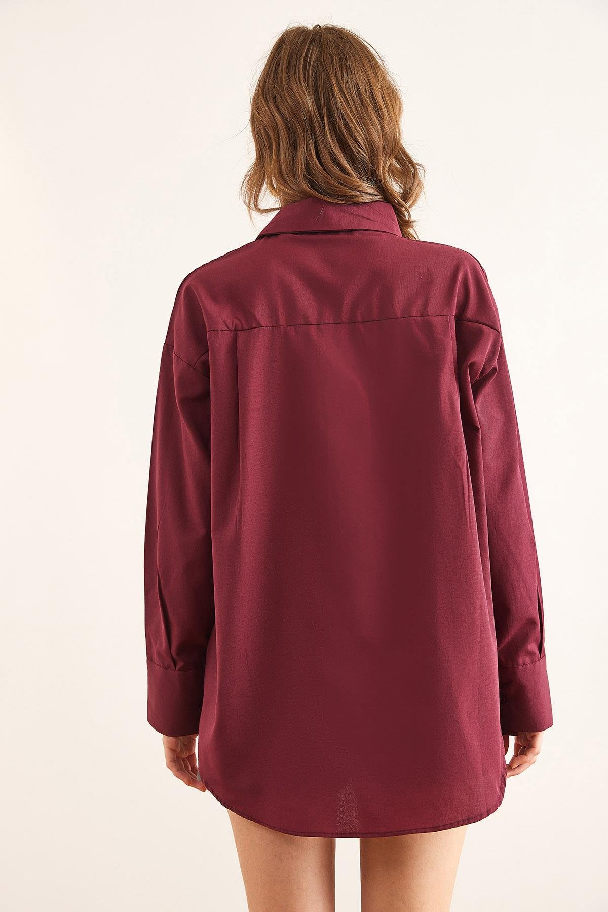 Gizli Patlı Nakış Detaylı Oversize Gömlek Bordo Ayıcık