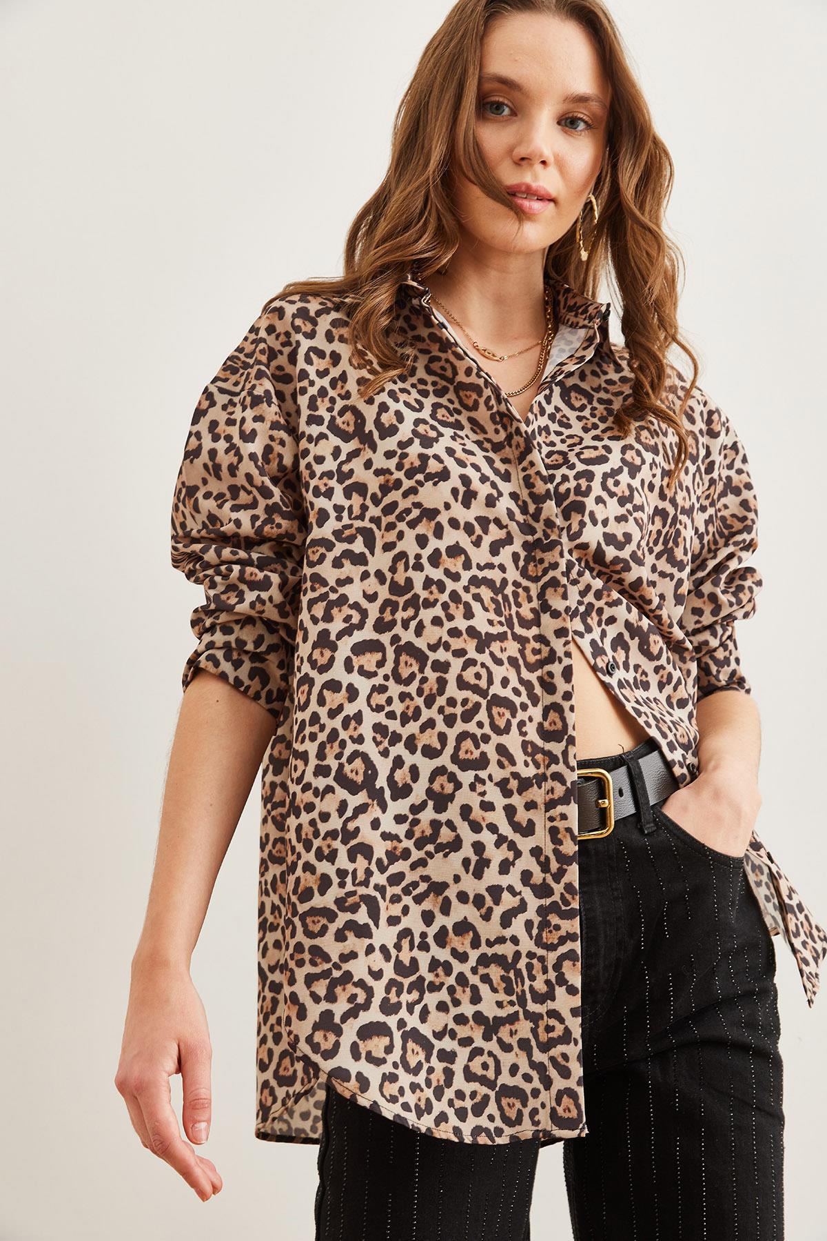 Gizli Patlı Poplin Gömlek Bej Leopar