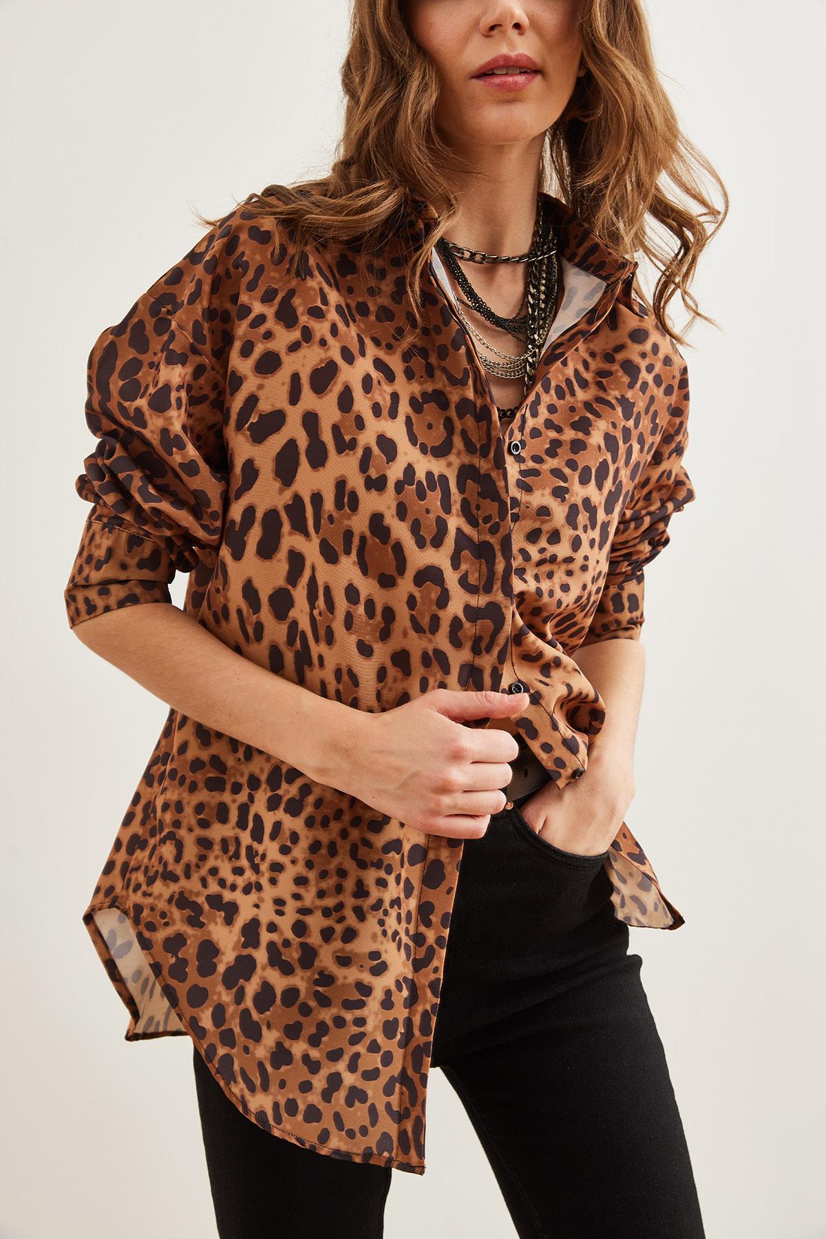 Gizli Patlı Poplin Gömlek Camel Leopar