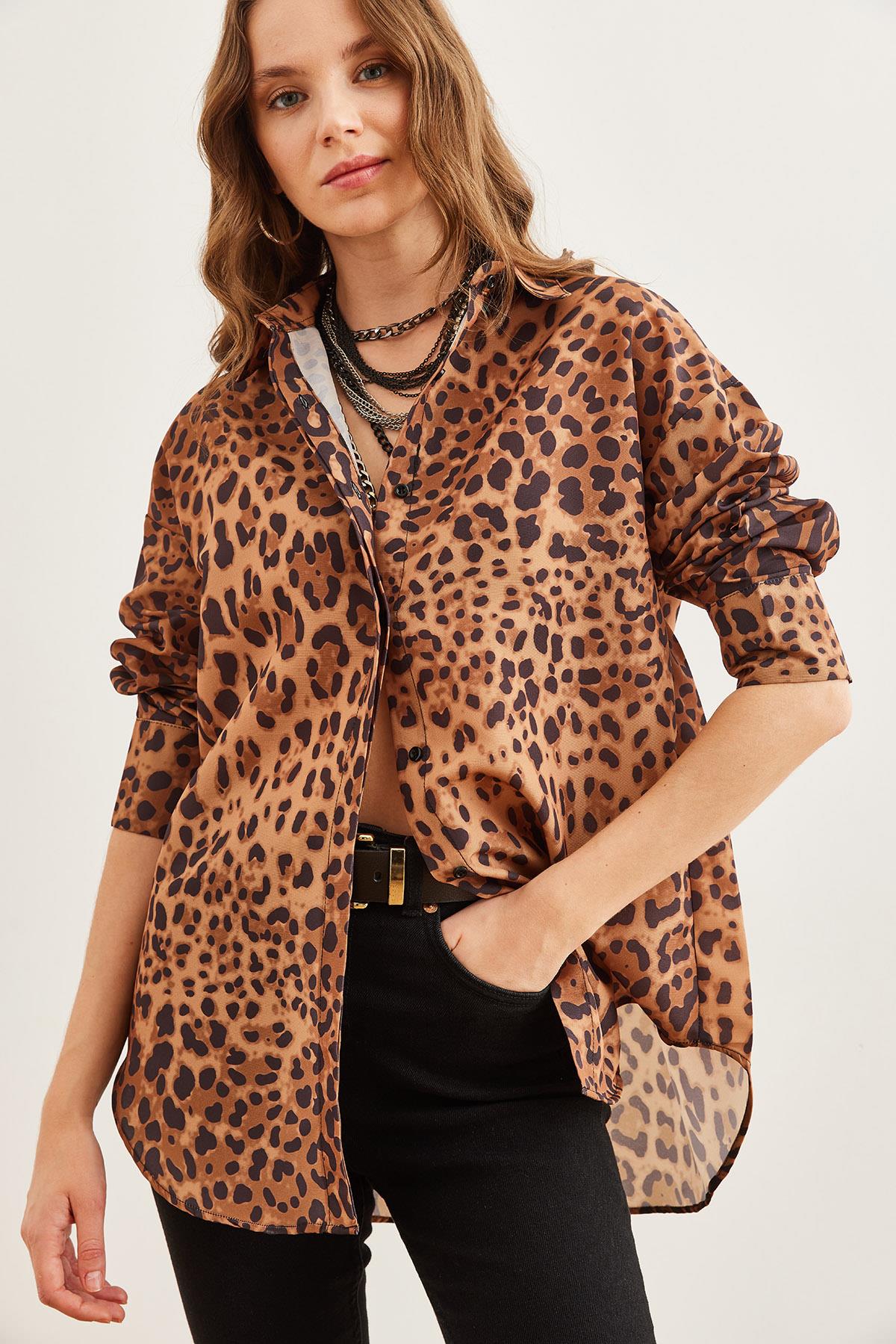Gizli Patlı Poplin Gömlek Camel Leopar