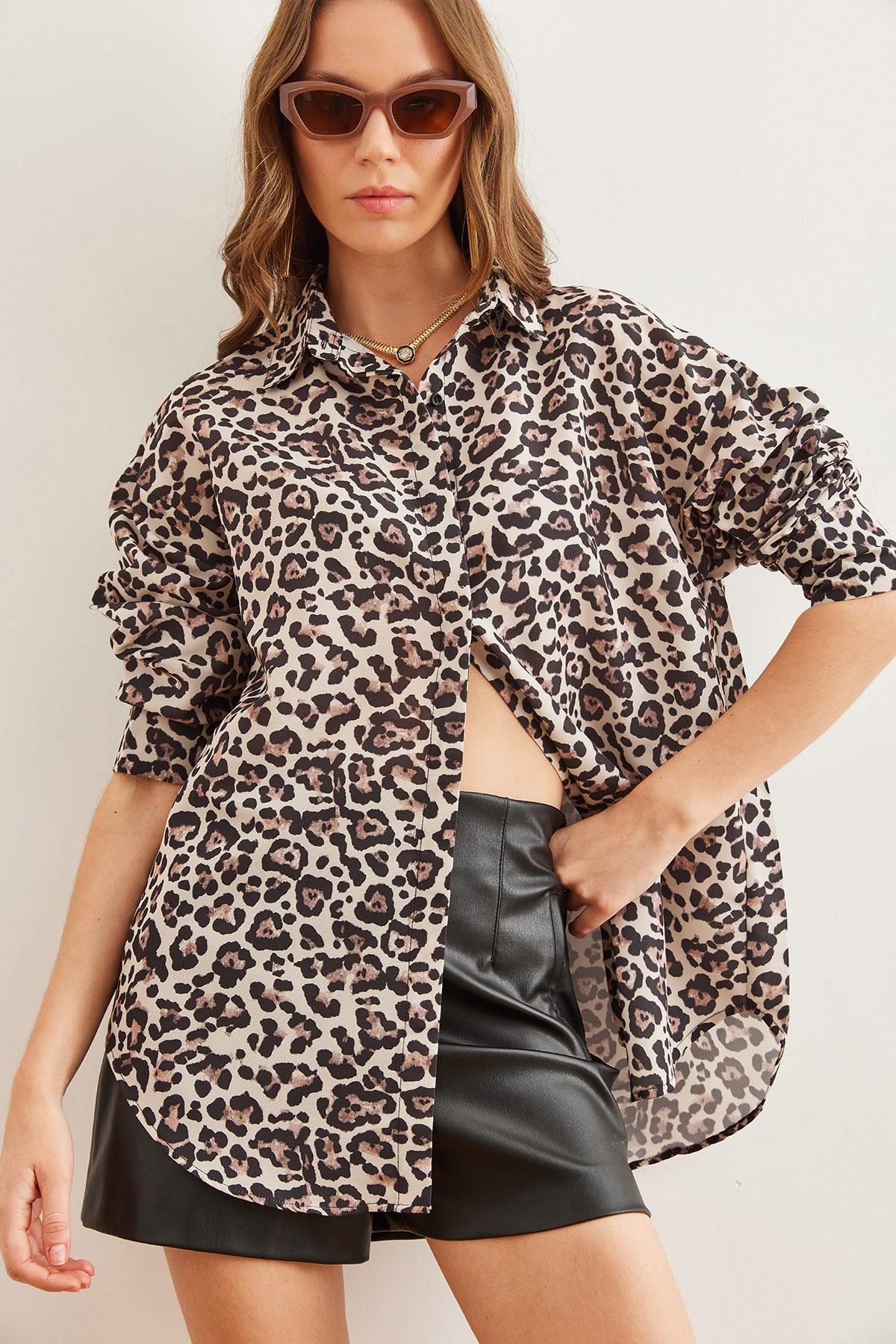 Gizli Patlı Poplin Gömlek Leopar Ekru