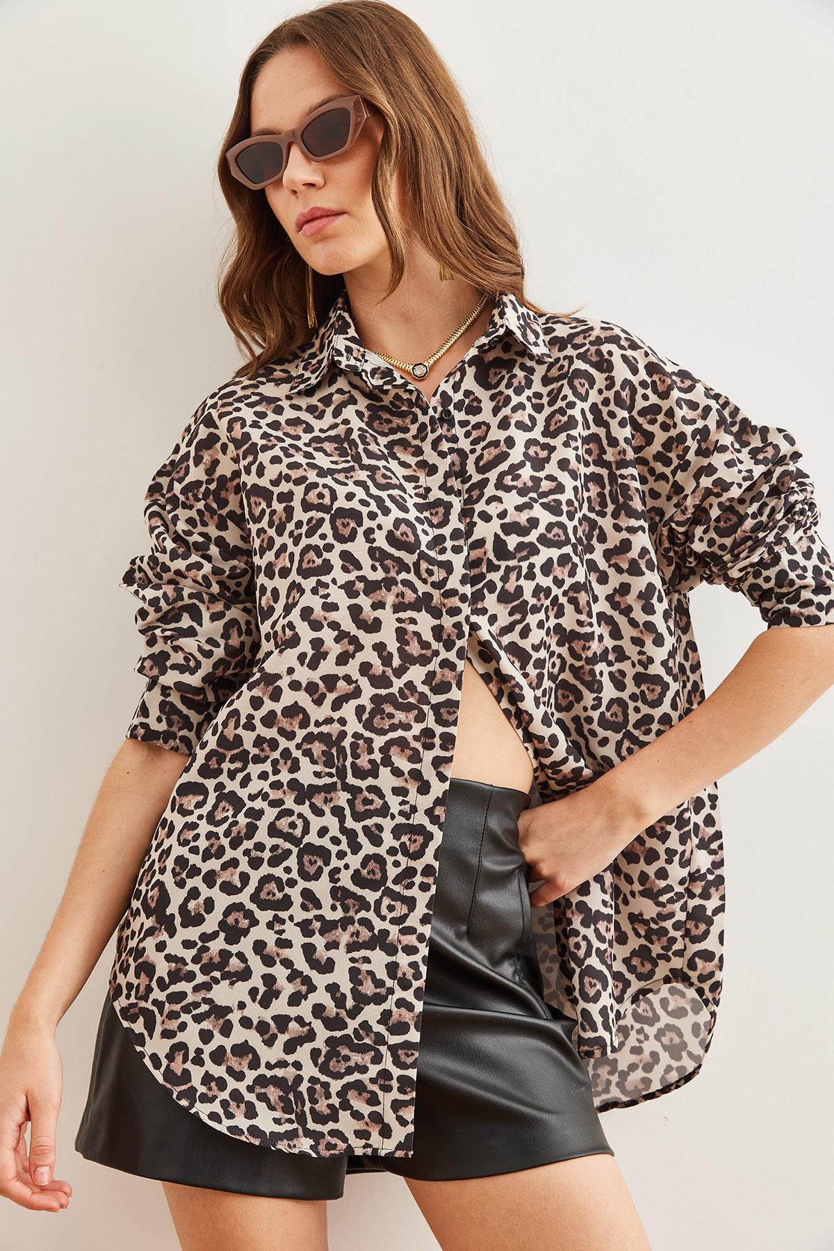 Gizli Patlı Poplin Gömlek Leopar Ekru