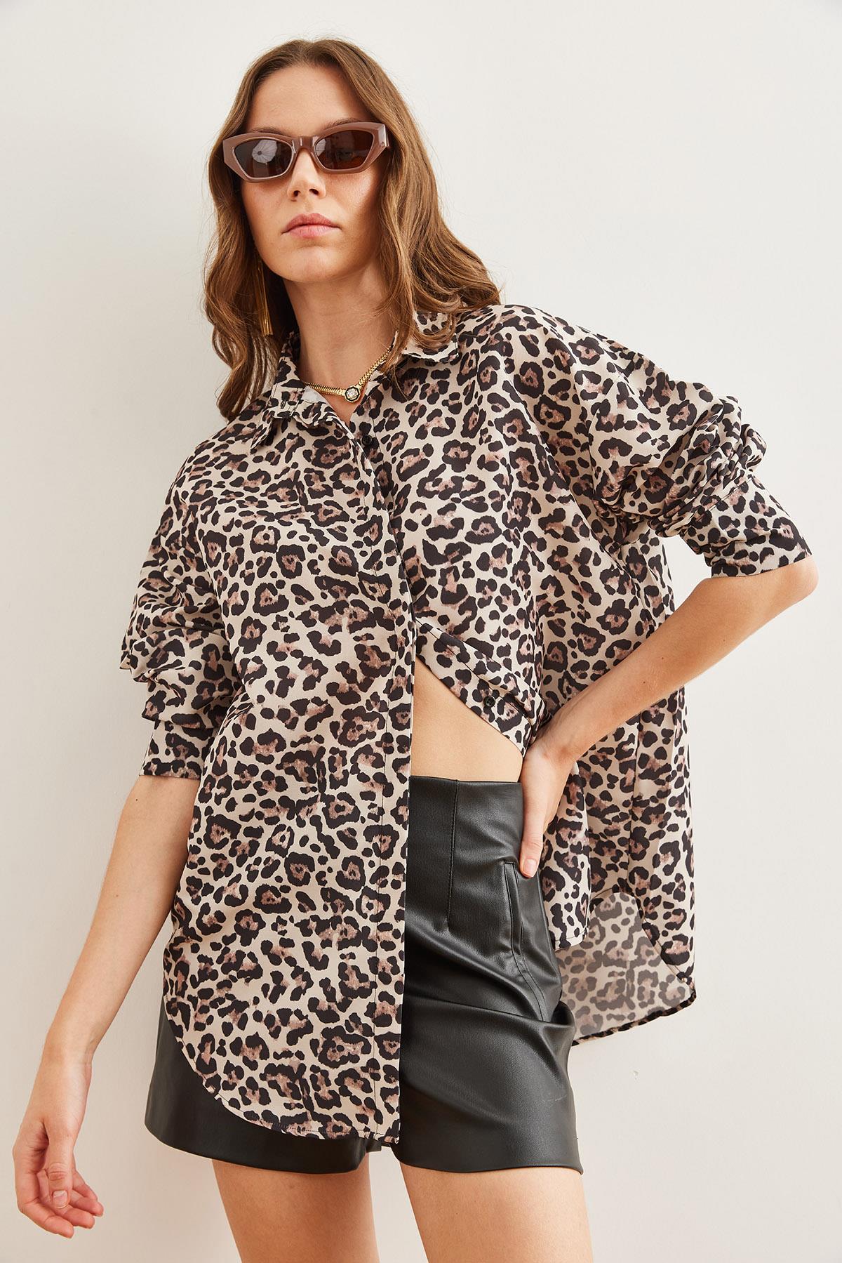 Gizli Patlı Poplin Gömlek Leopar Ekru