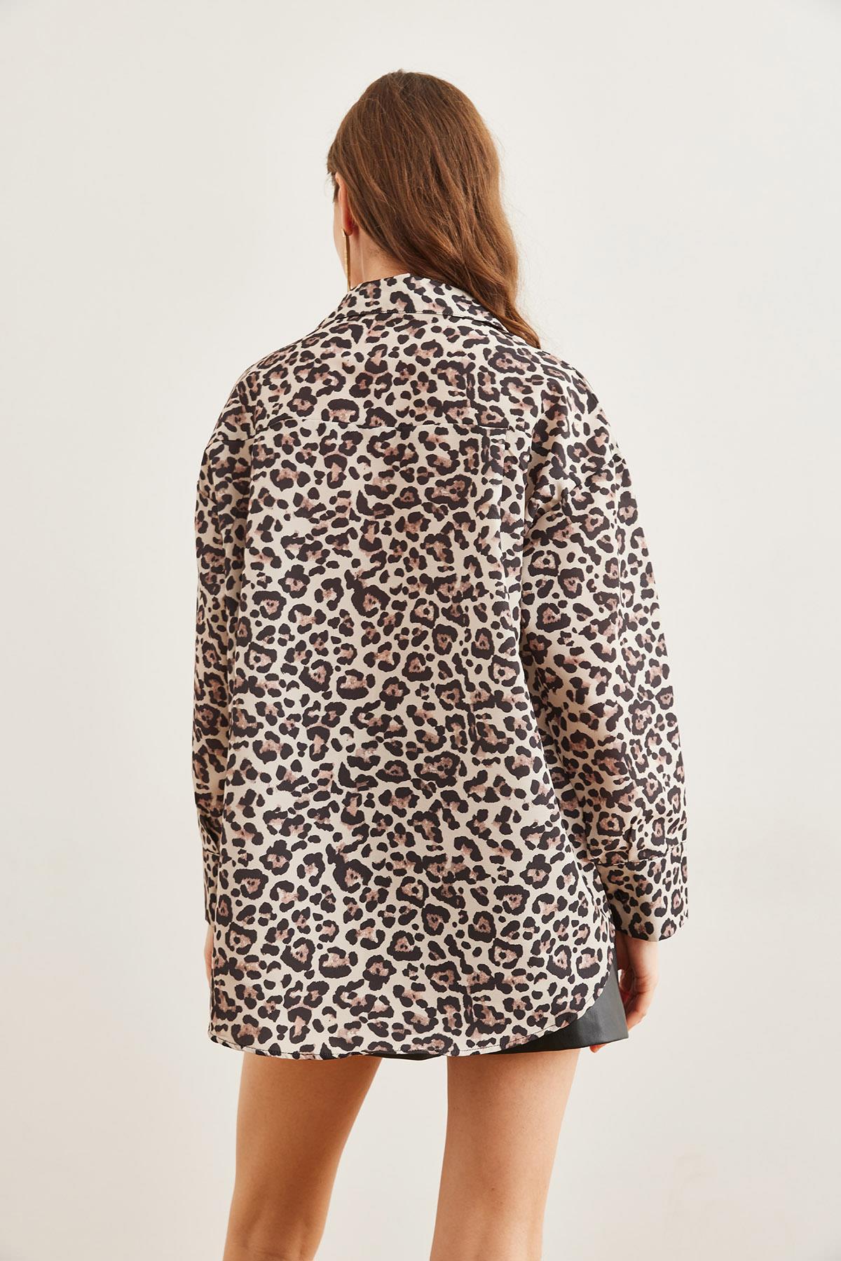 Gizli Patlı Poplin Gömlek Leopar Ekru