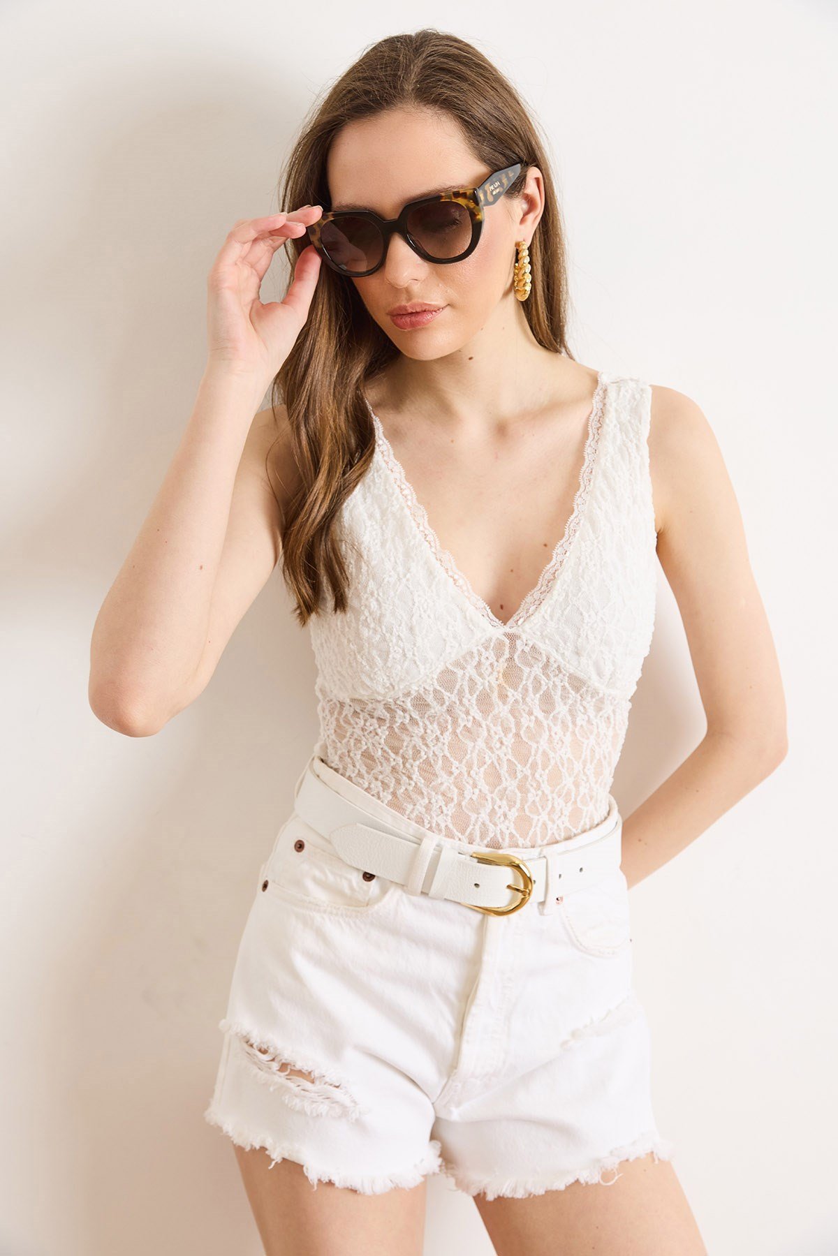 Gögüs Astarlı Crop Dantel Bluz Beyaz