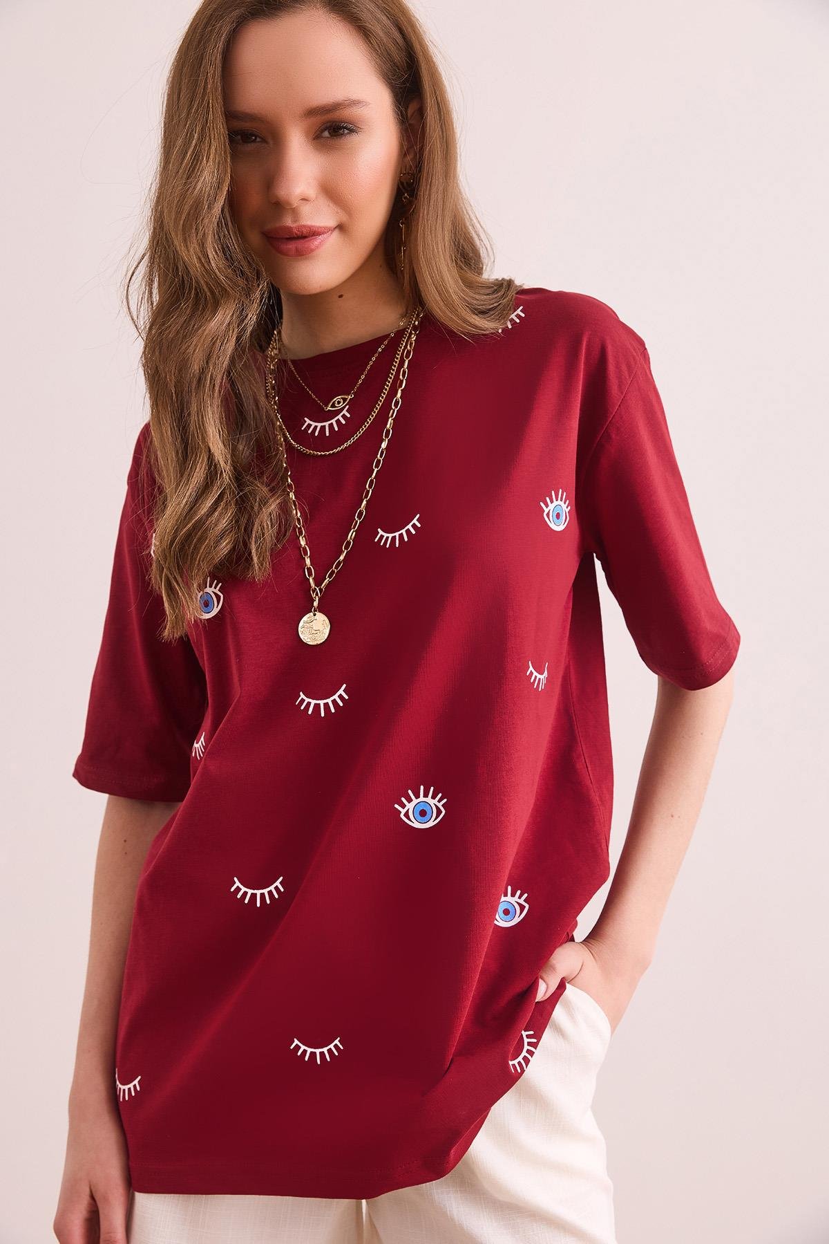 Göz Baskılı Tişört Bordo