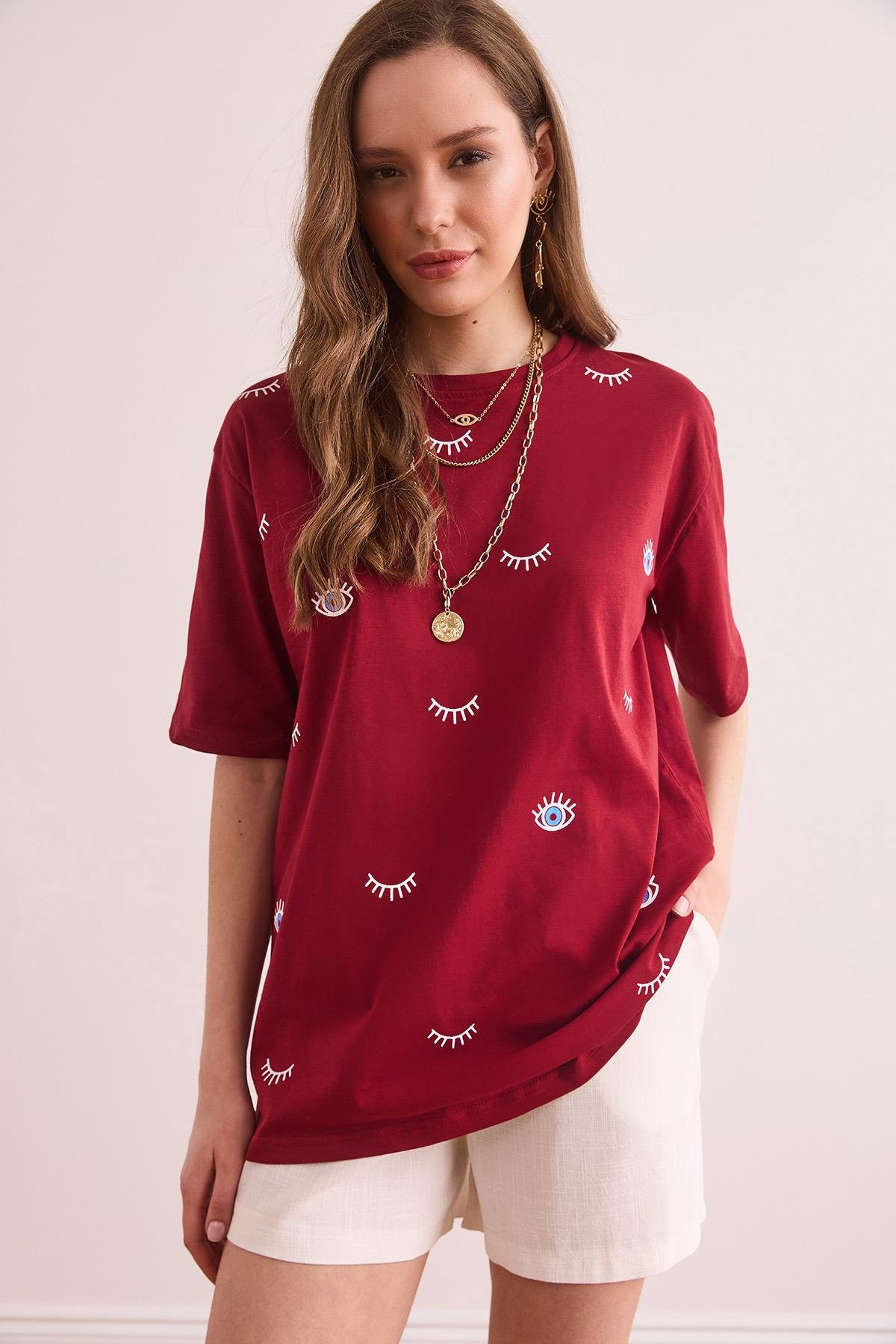 Göz Baskılı Tişört Bordo