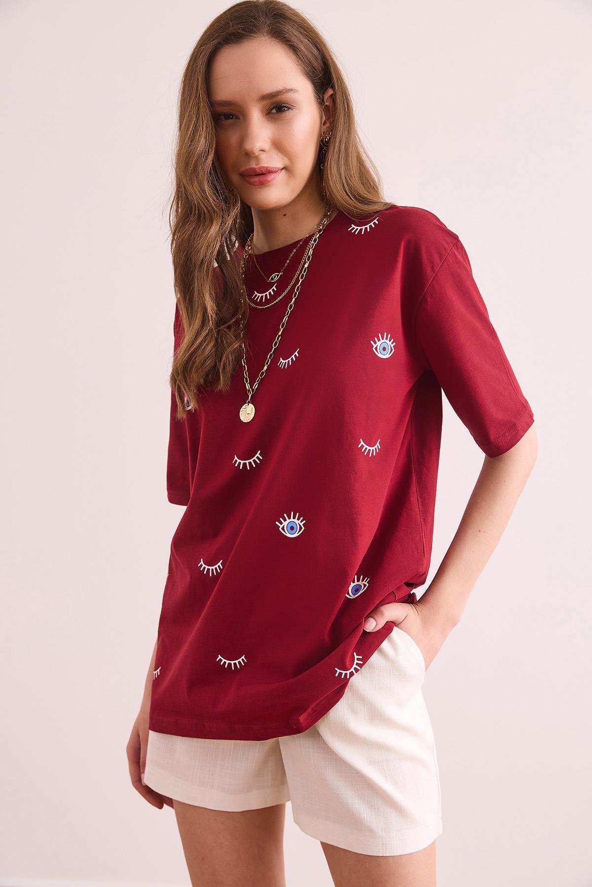 Göz Baskılı Tişört Bordo