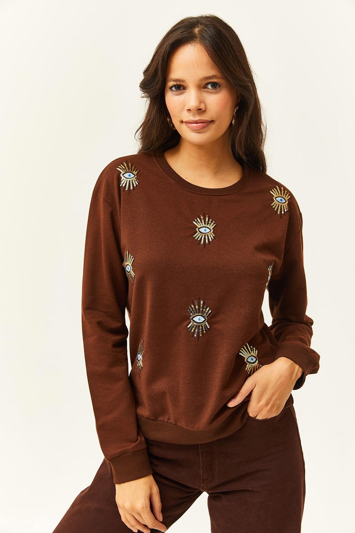Göz Nakışlı Mevsimlik Sweatshirt Acı Kahve