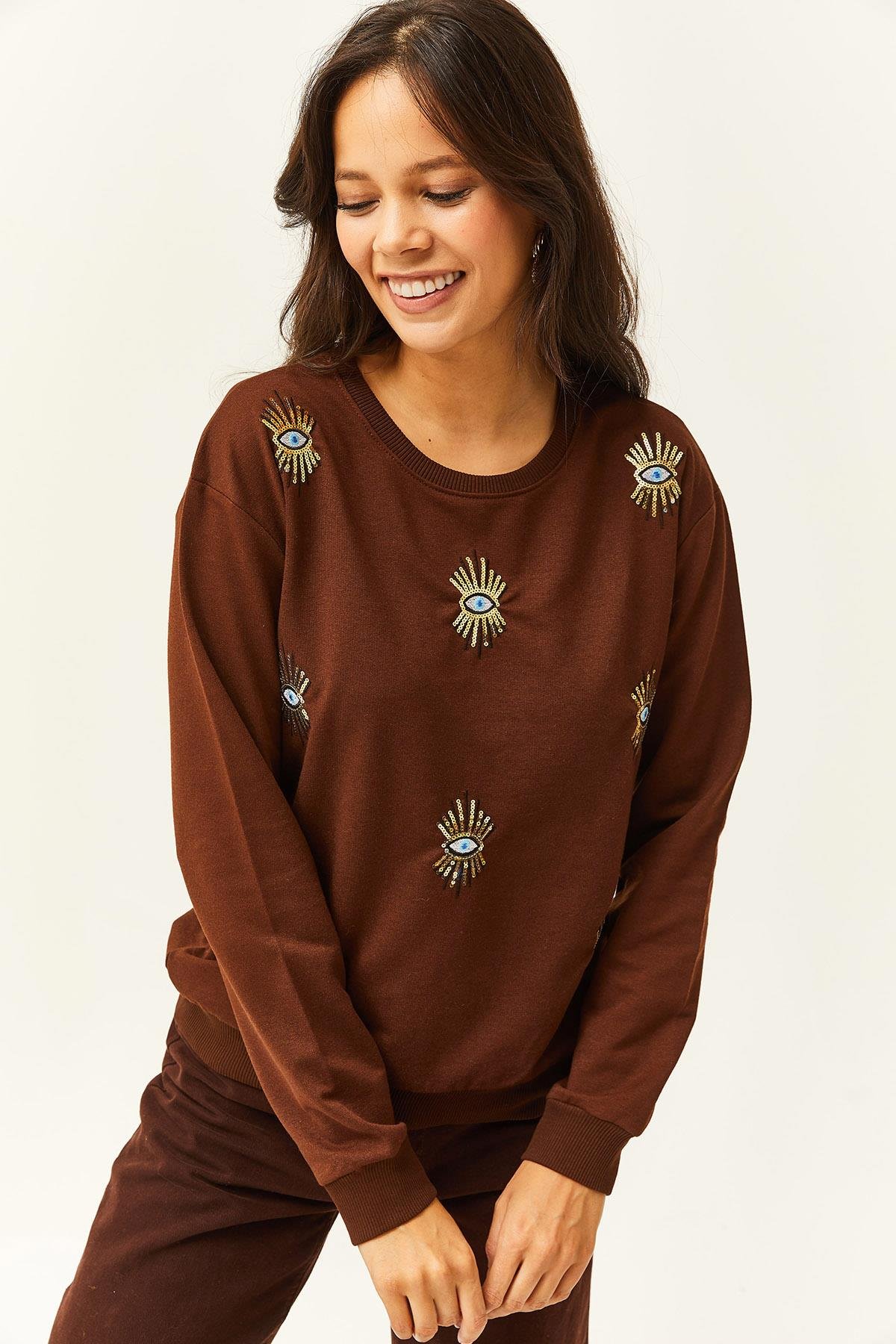 Göz Nakışlı Mevsimlik Sweatshirt Acı Kahve