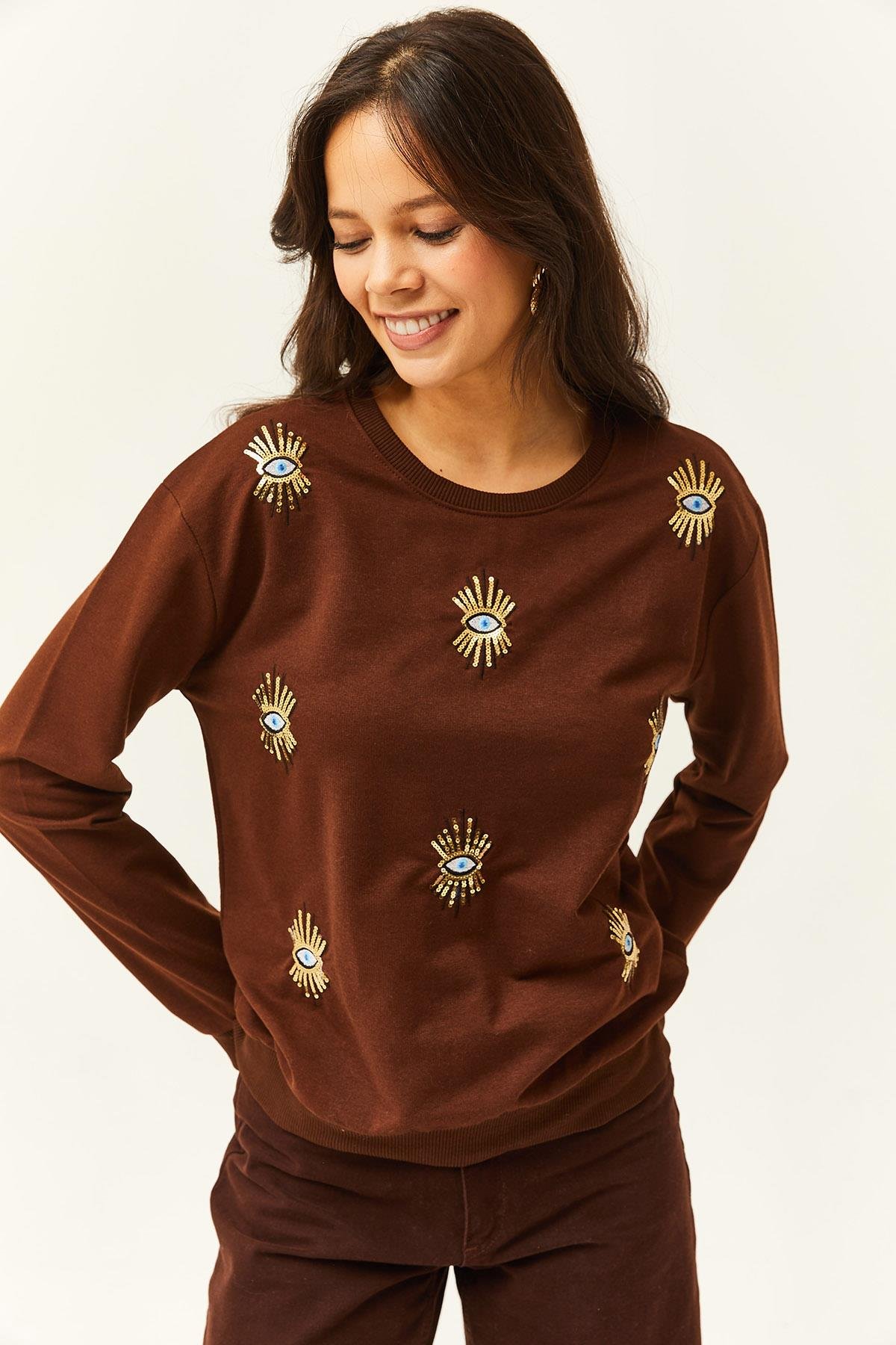 Göz Nakışlı Mevsimlik Sweatshirt Acı Kahve