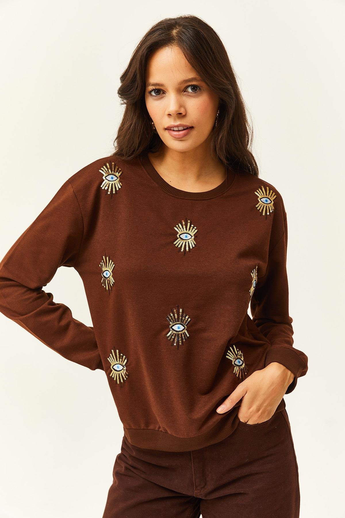 Göz Nakışlı Mevsimlik Sweatshirt Acı Kahve