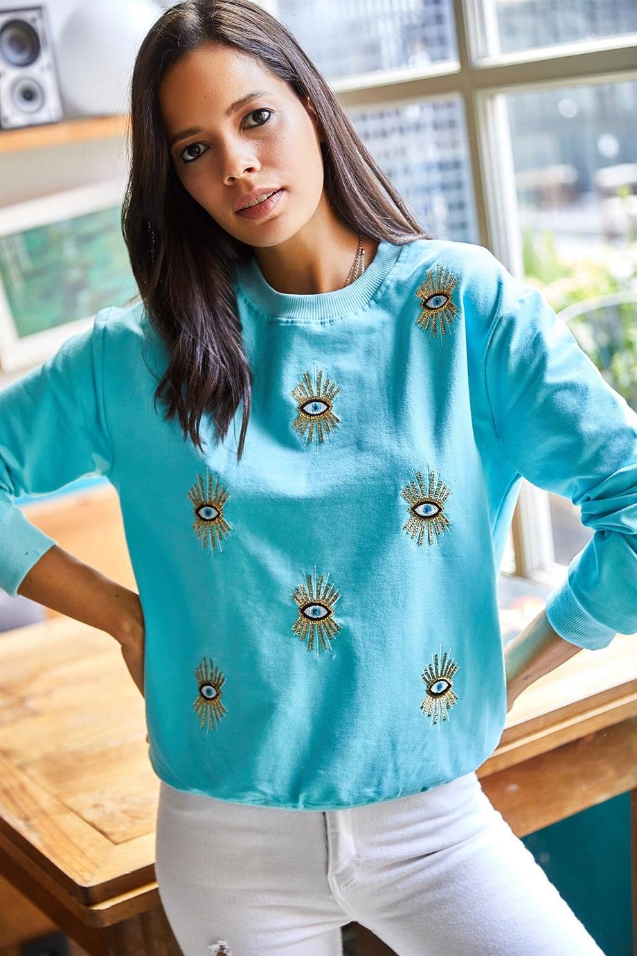 Göz Nakışlı Mevsimlik Sweatshirt Bebe Mavi