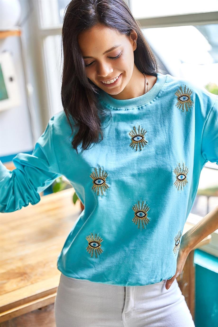 Göz Nakışlı Mevsimlik Sweatshirt Bebe Mavi