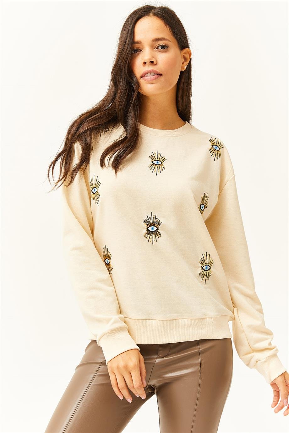 Göz Nakışlı Mevsimlik Sweatshirt Bej
