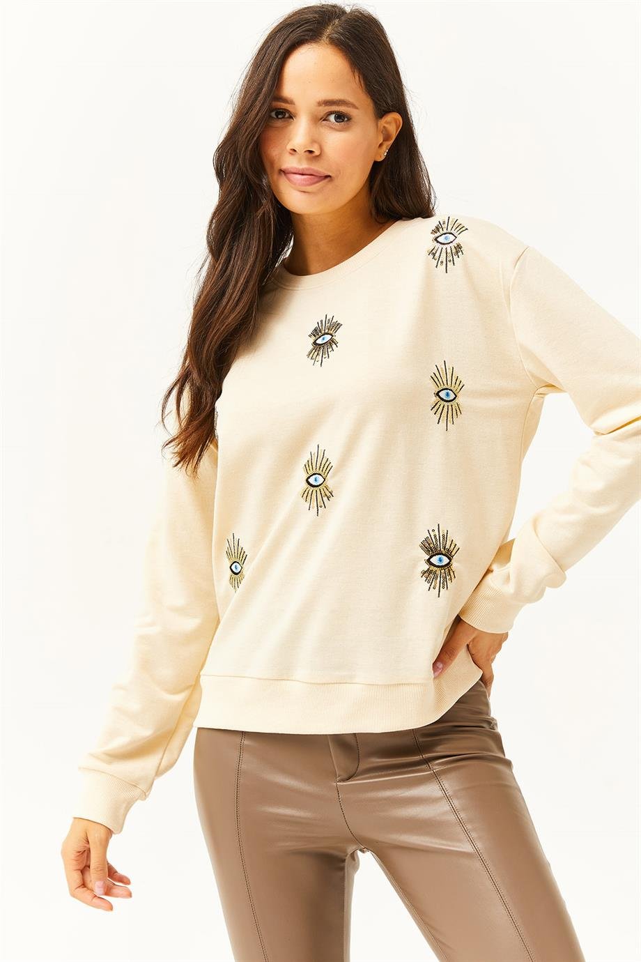 Göz Nakışlı Mevsimlik Sweatshirt Bej