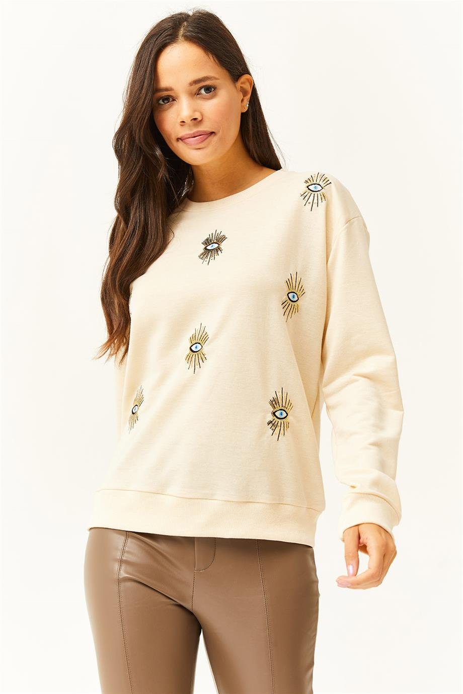 Göz Nakışlı Mevsimlik Sweatshirt Bej
