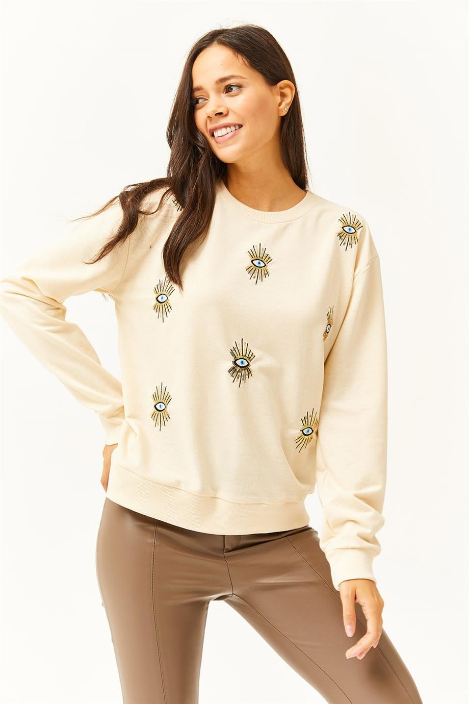 Göz Nakışlı Mevsimlik Sweatshirt Bej