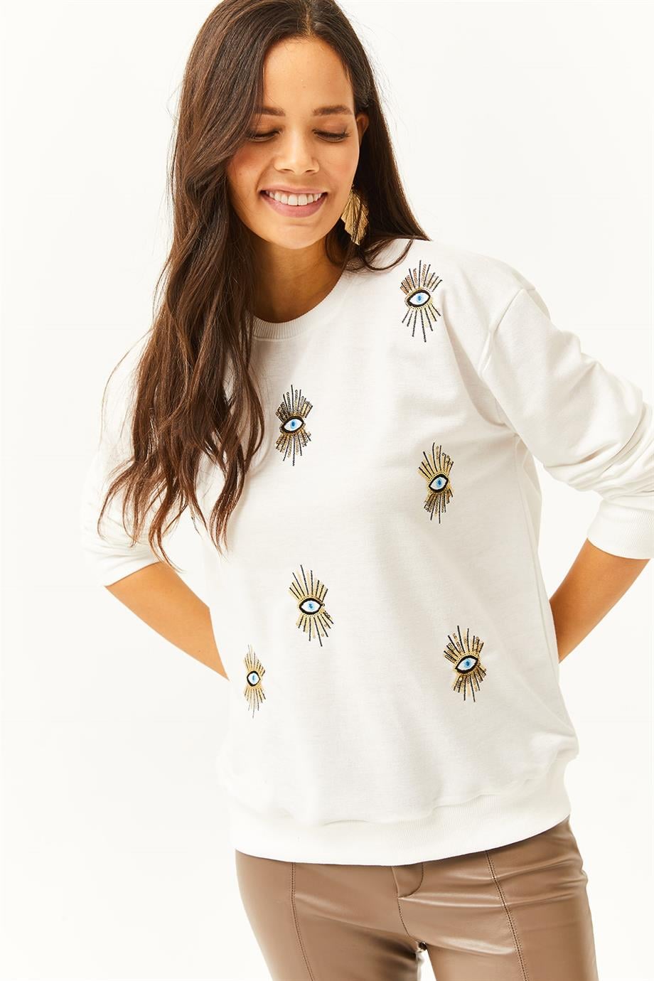 Göz Nakışlı Mevsimlik Sweatshirt Beyaz