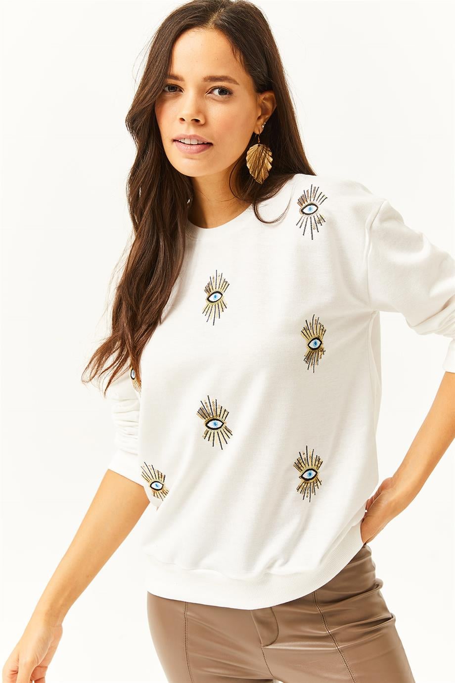 Göz Nakışlı Mevsimlik Sweatshirt Beyaz