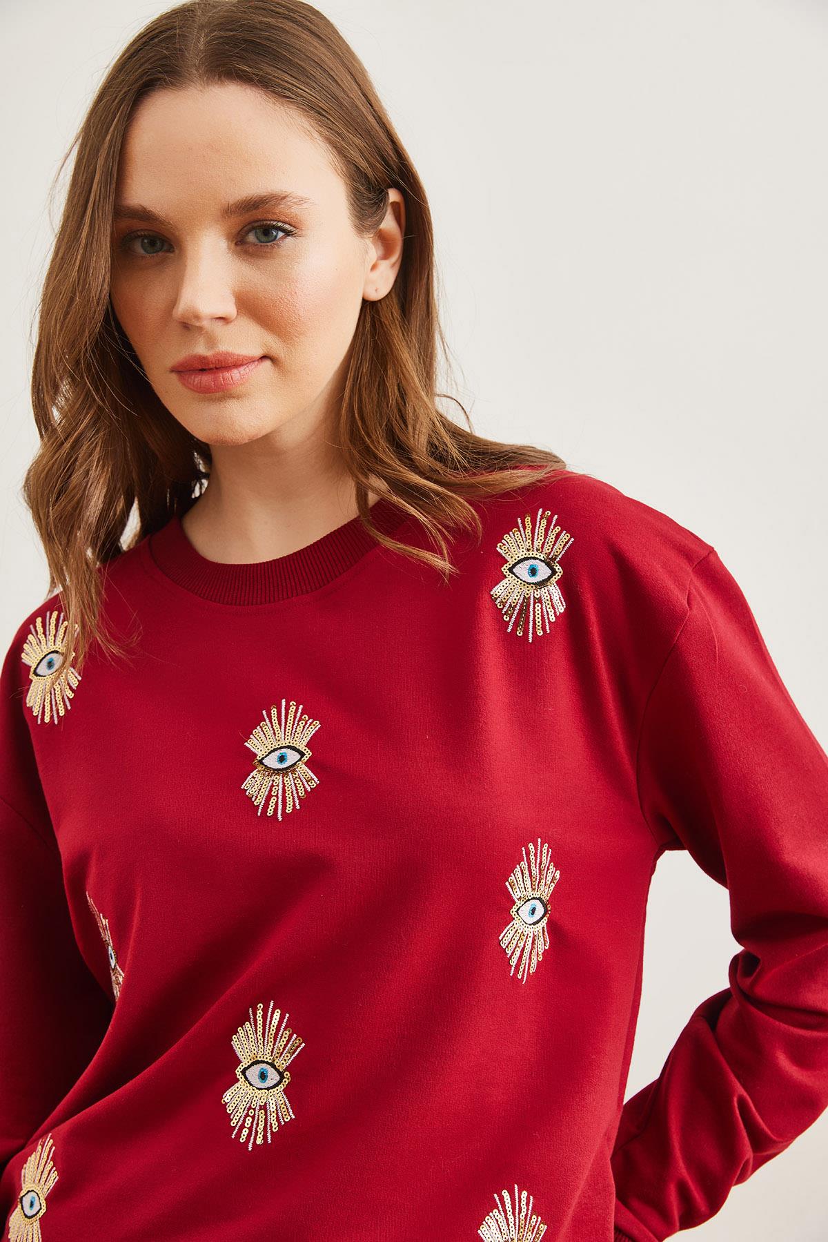 Göz Nakışlı Mevsimlik Sweatshirt Bordo