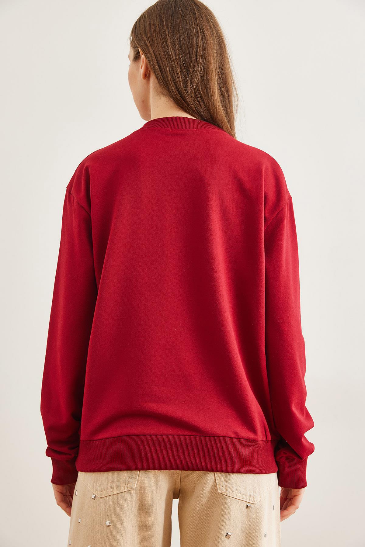 Göz Nakışlı Mevsimlik Sweatshirt Bordo