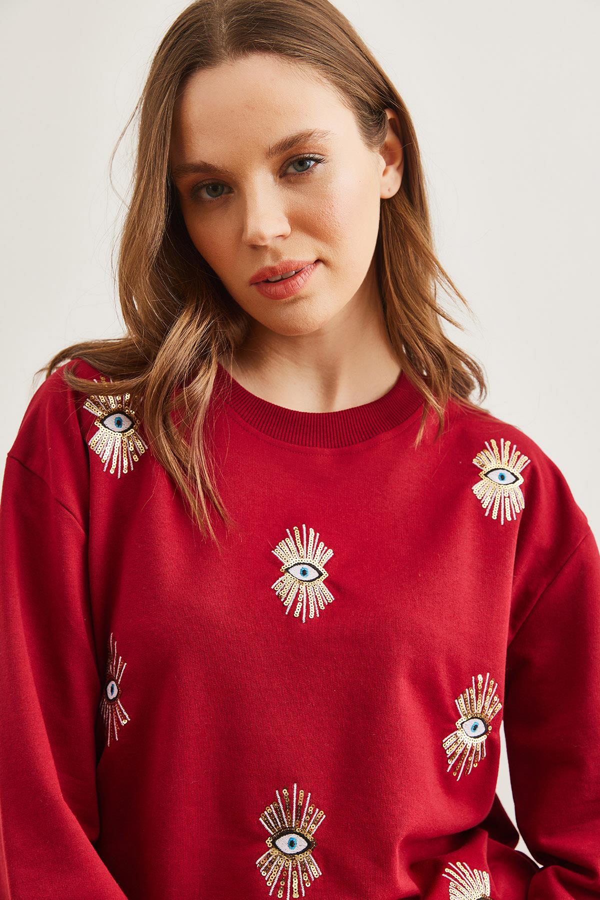 Göz Nakışlı Mevsimlik Sweatshirt Bordo