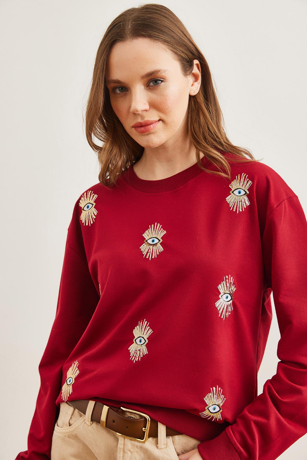 Göz Nakışlı Mevsimlik Sweatshirt Bordo