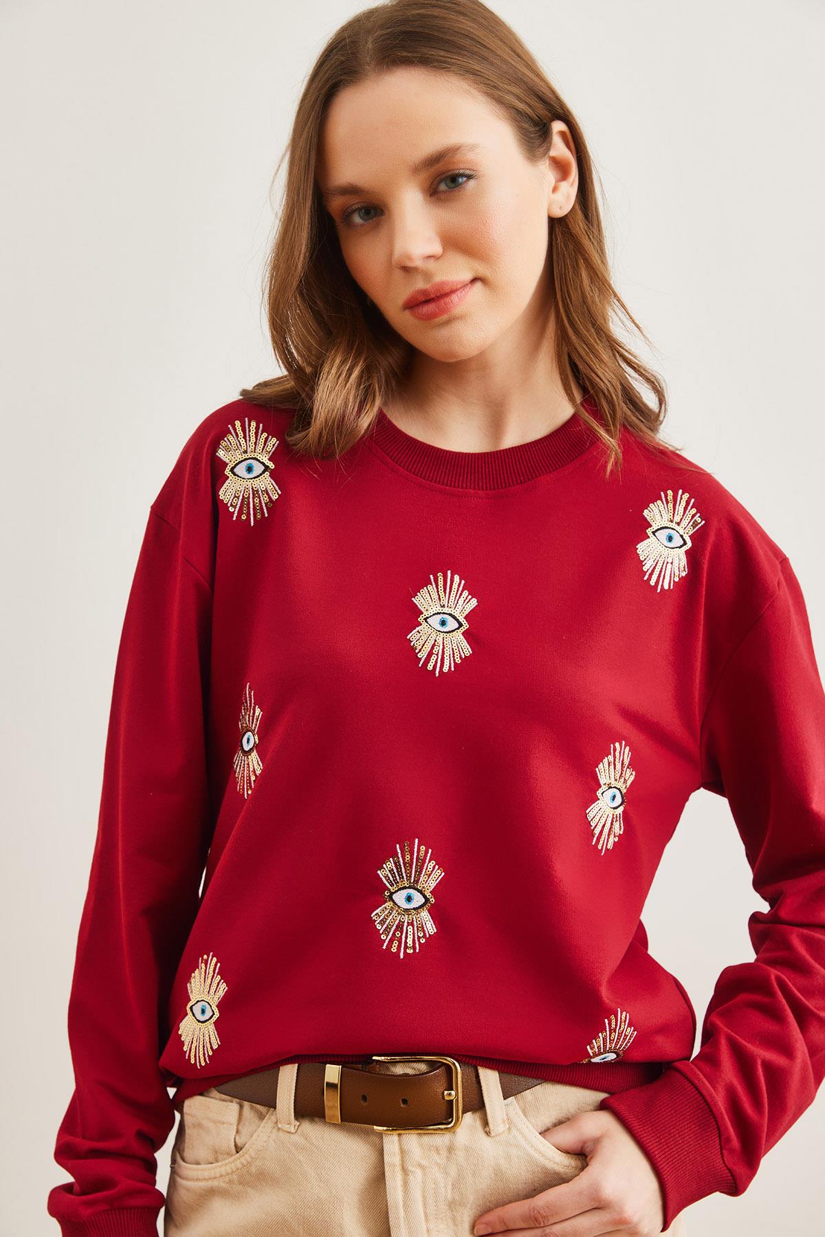Göz Nakışlı Mevsimlik Sweatshirt Bordo