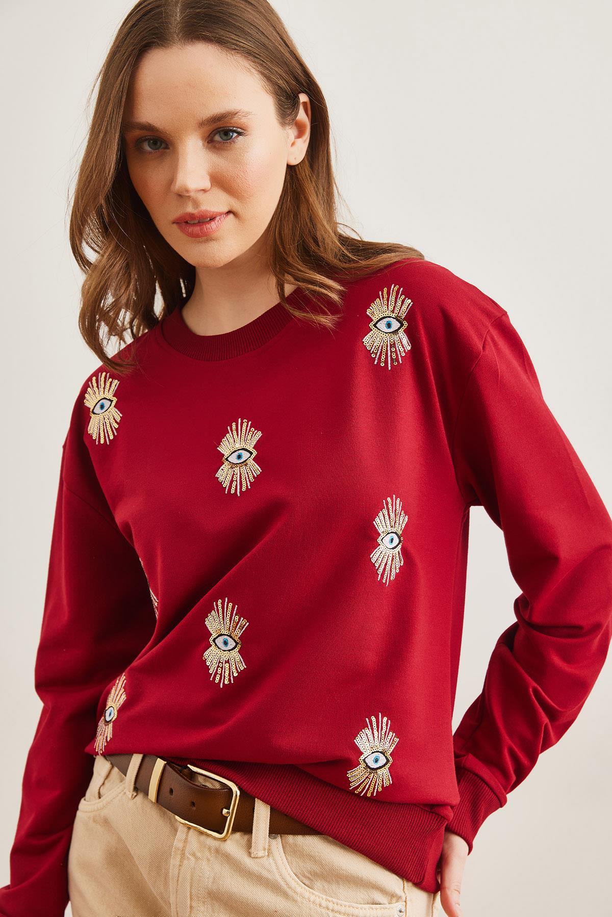 Göz Nakışlı Mevsimlik Sweatshirt Bordo