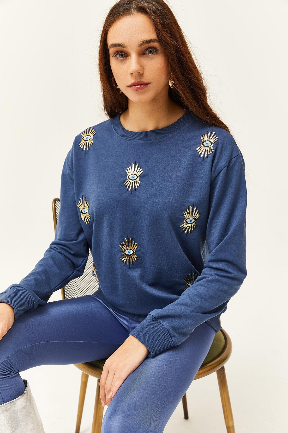 Göz Nakışlı Mevsimlik Sweatshirt İndigo