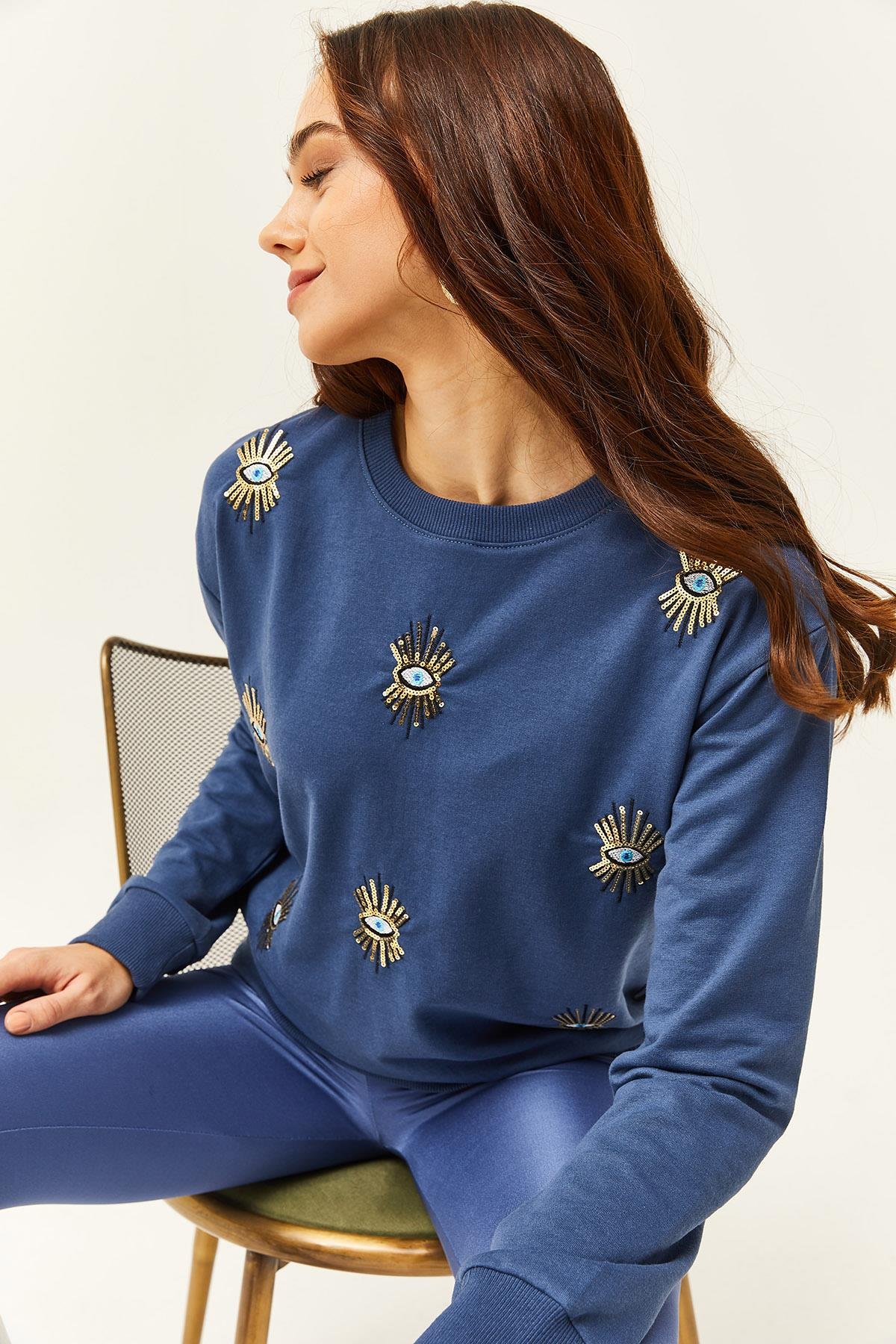Göz Nakışlı Mevsimlik Sweatshirt İndigo