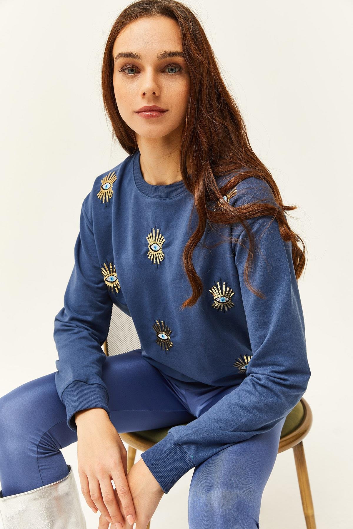 Göz Nakışlı Mevsimlik Sweatshirt İndigo